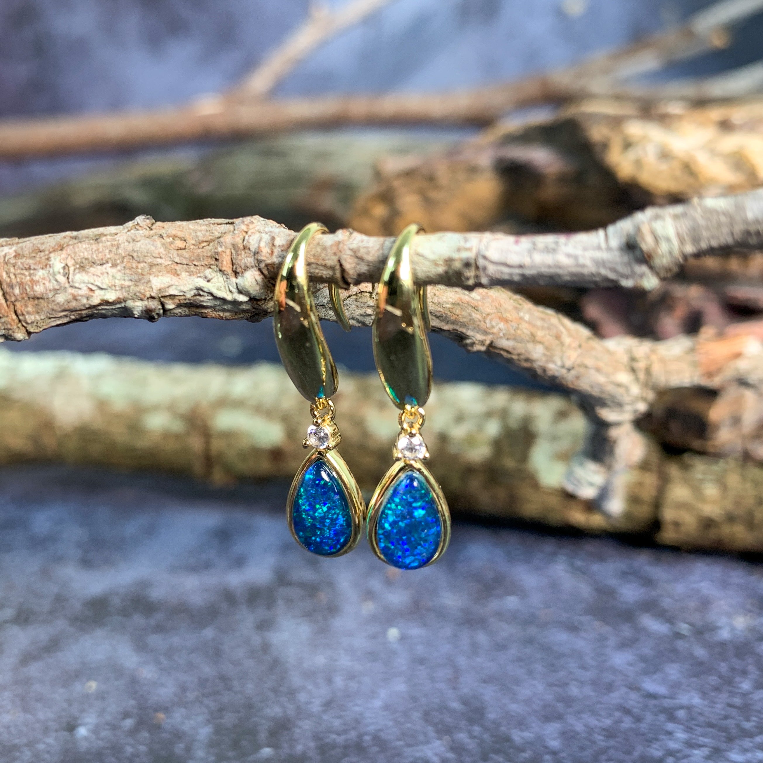 Gold plated silver dangling pearshape 8x5mm opal triplet earrings - Masterpiece Jewellery Opal & Gems Sydney Australia | Online Shop