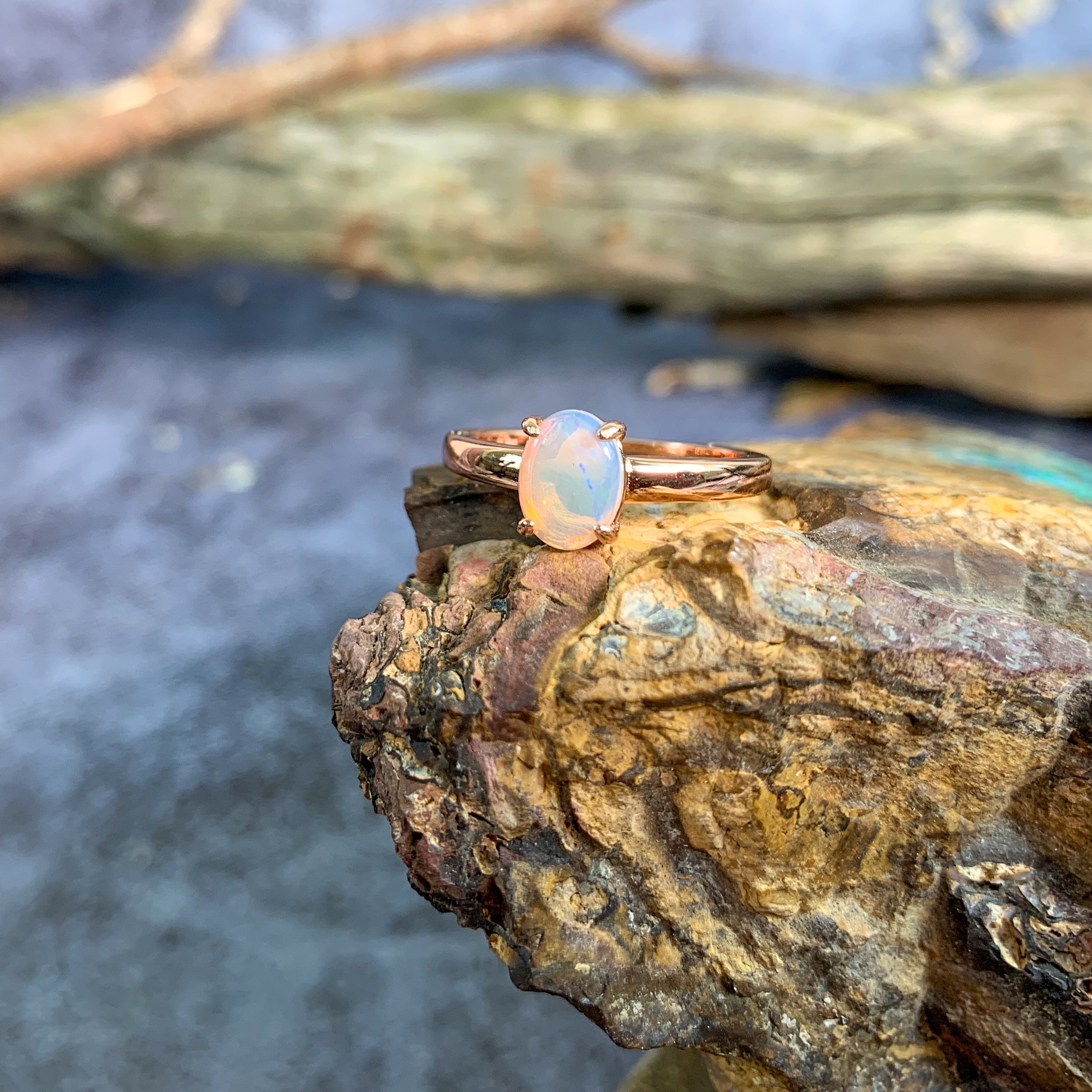 Rose Gold plated silver 8x6mm White Opal solitaire ring - Masterpiece Jewellery Opal & Gems Sydney Australia | Online Shop