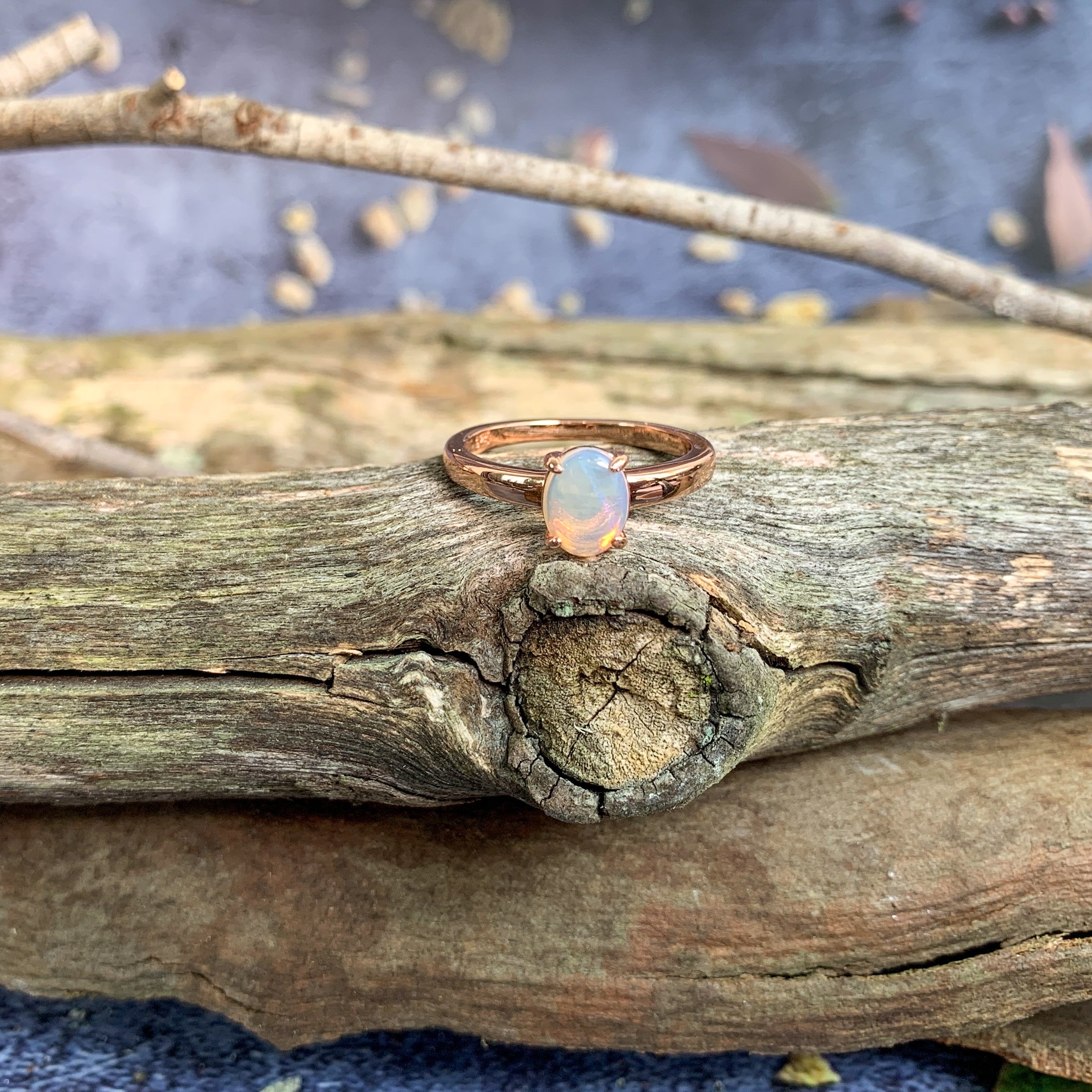 Rose Gold plated silver 8x6mm White Opal solitaire ring - Masterpiece Jewellery Opal & Gems Sydney Australia | Online Shop