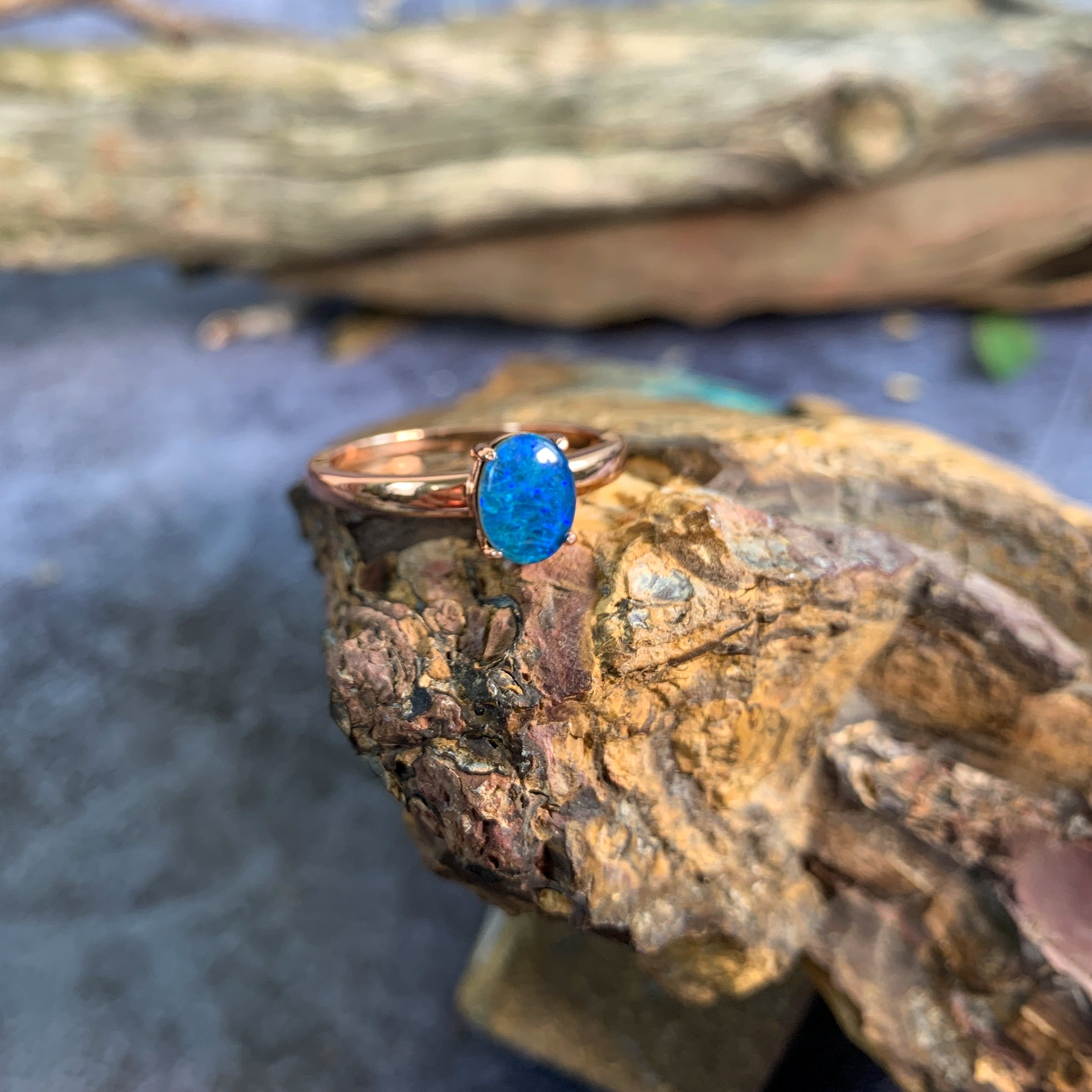 One Rose Gold plated silver solitaire 8x6mm Opal triplet ring - Masterpiece Jewellery Opal & Gems Sydney Australia | Online Shop