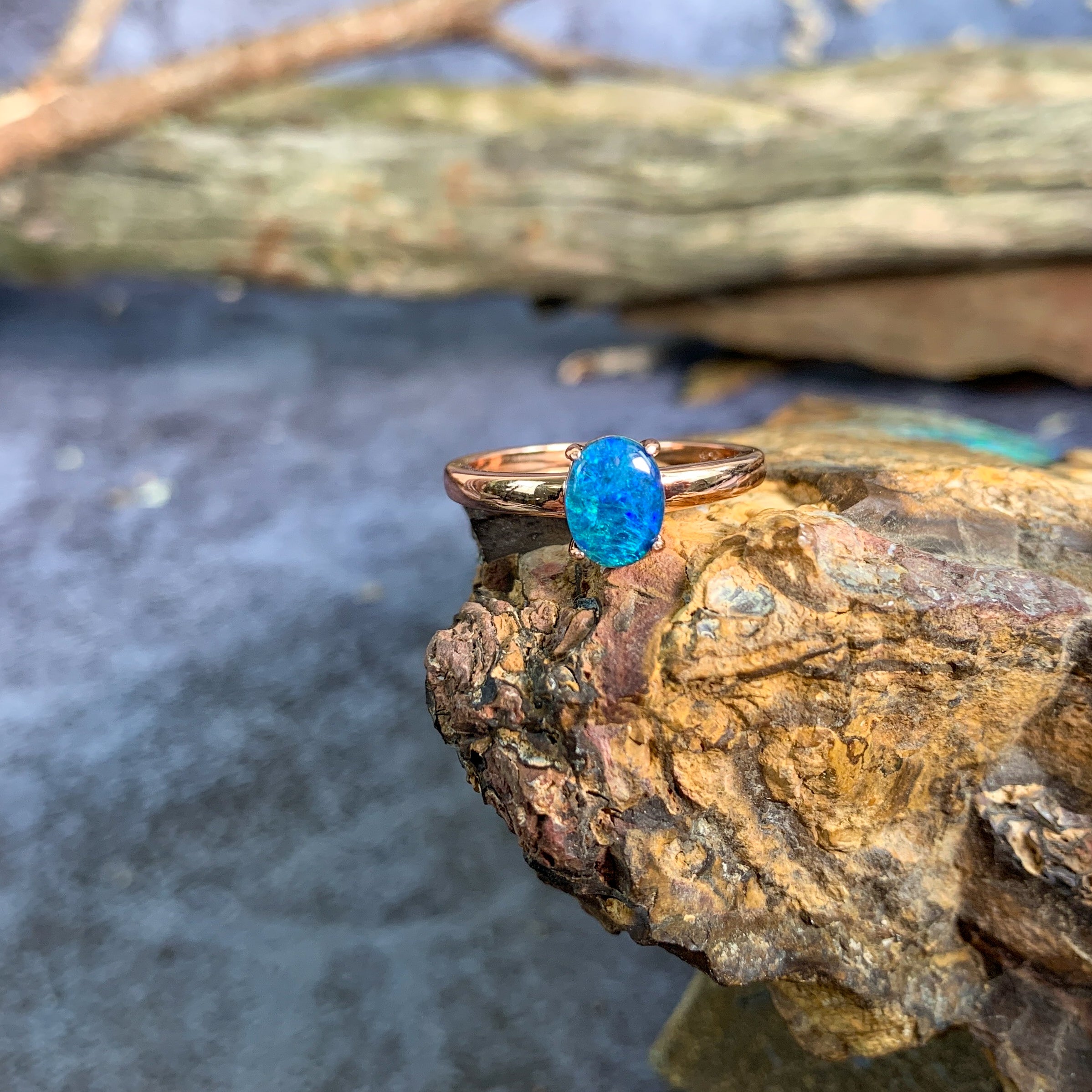 One Rose Gold plated silver solitaire 8x6mm Opal triplet ring - Masterpiece Jewellery Opal & Gems Sydney Australia | Online Shop