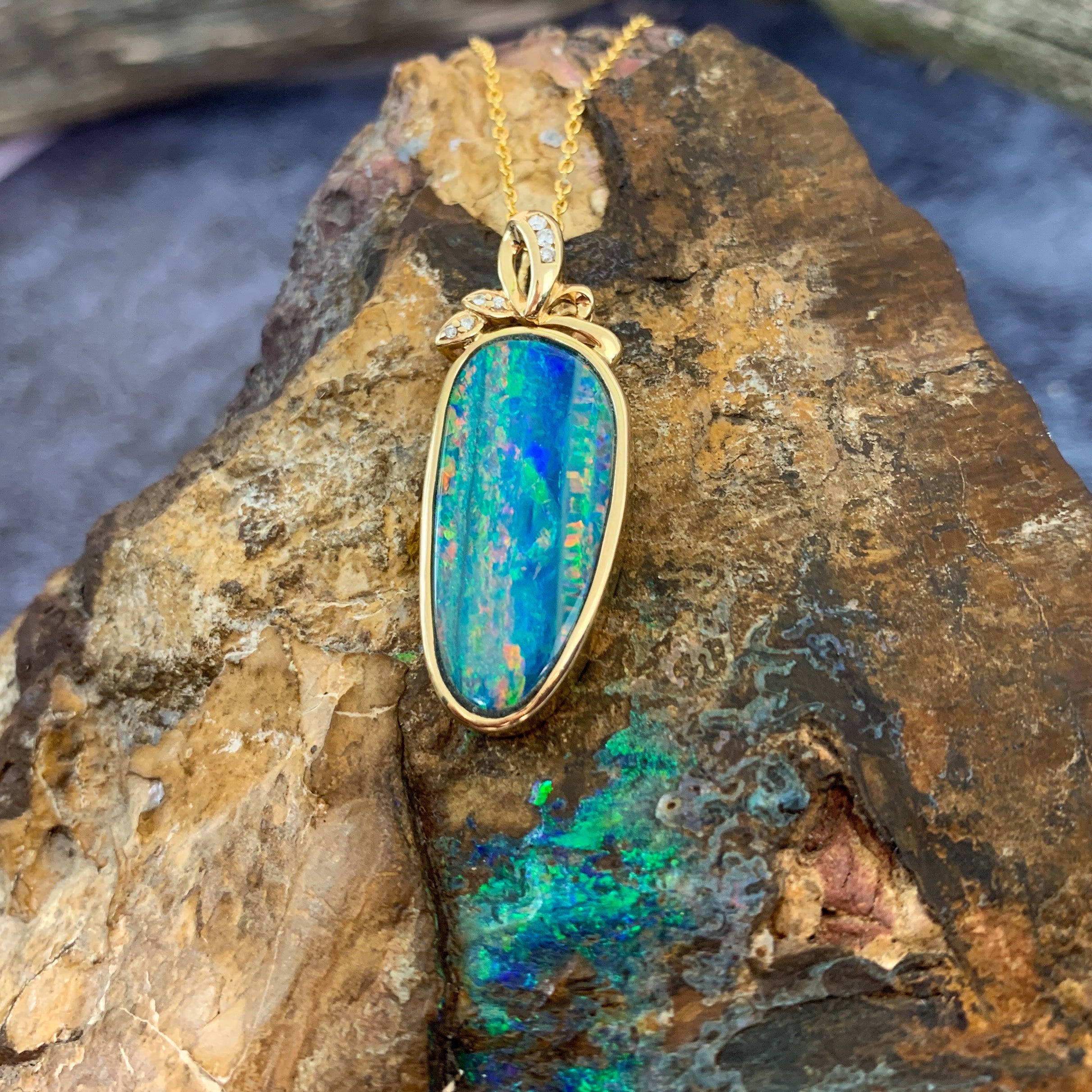 14kt Yellow Gold Multi colour Opal doublet with diamonds - Masterpiece Jewellery Opal & Gems Sydney Australia | Online Shop