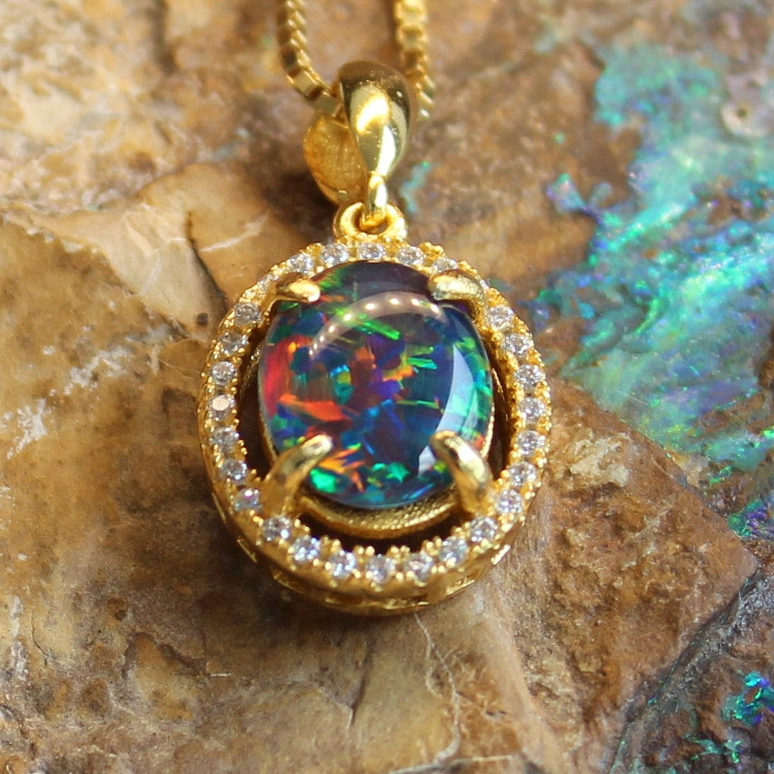 Sterling Silver Gold Plated halo Opal Triplet pendant - Masterpiece Jewellery Opal & Gems Sydney Australia | Online Shop