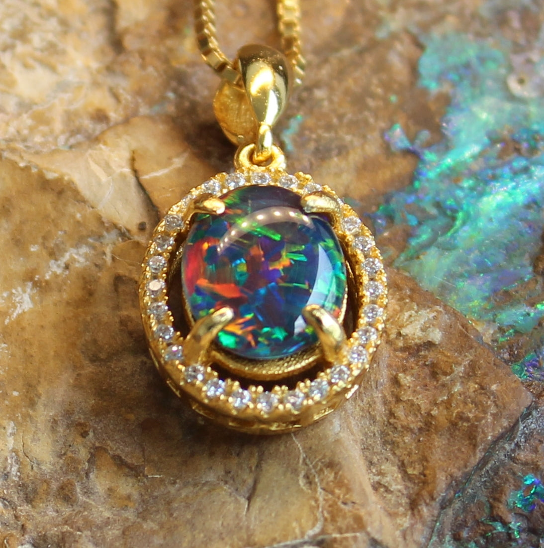 Sterling Silver Gold Plated halo Opal Triplet pendant - Masterpiece Jewellery Opal & Gems Sydney Australia | Online Shop