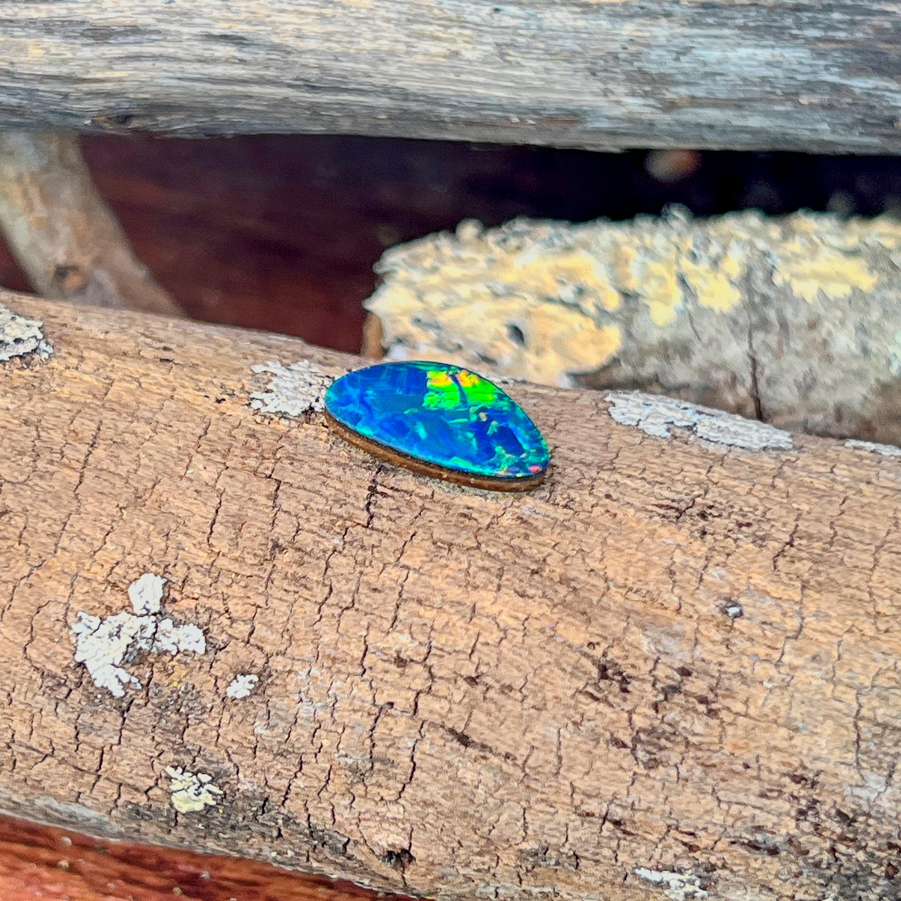 Top view of the 14.2x9mm freeform opal doublet showing broad green flash