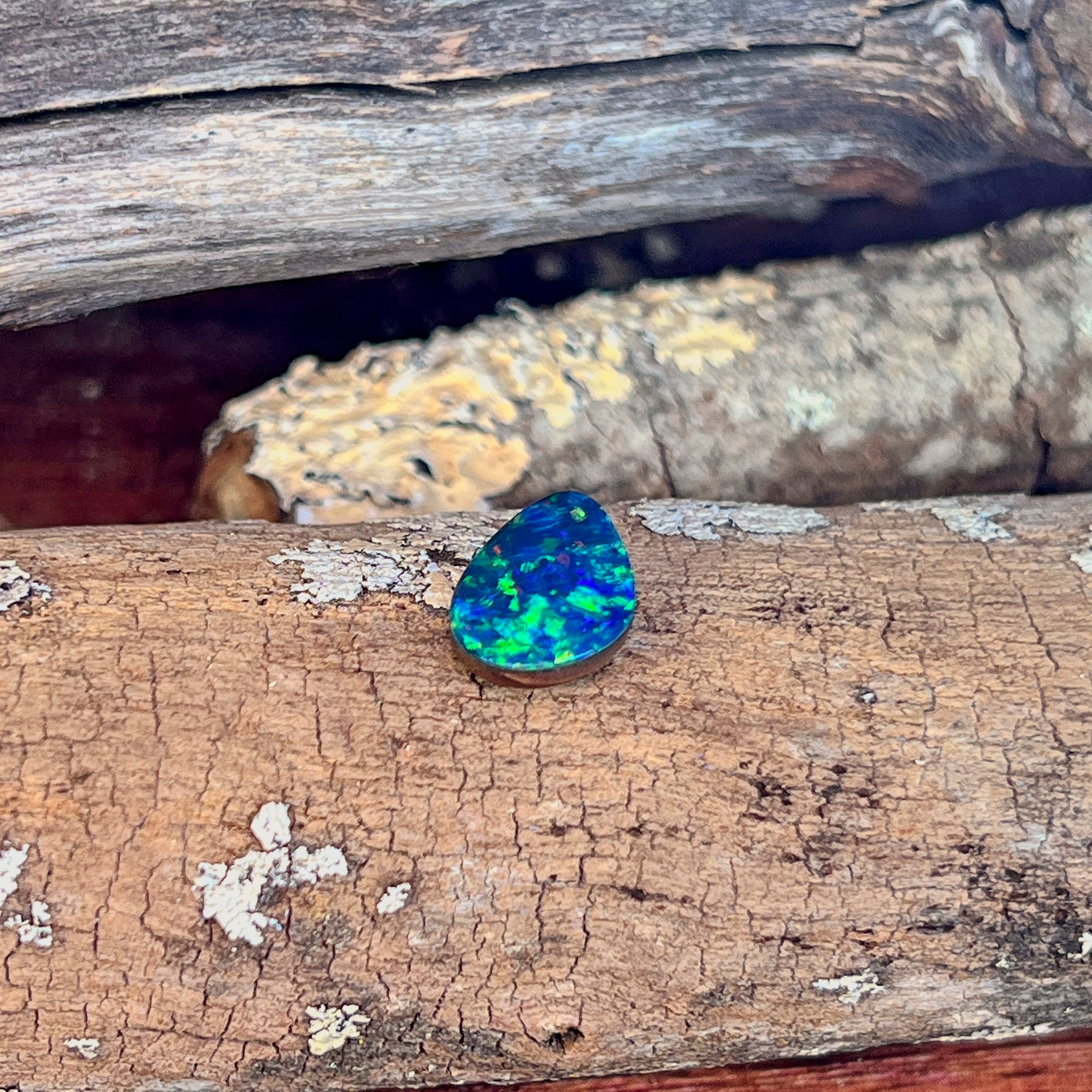 Close-up of the 3.53ct opal doublet on lichen-flecked driftwood