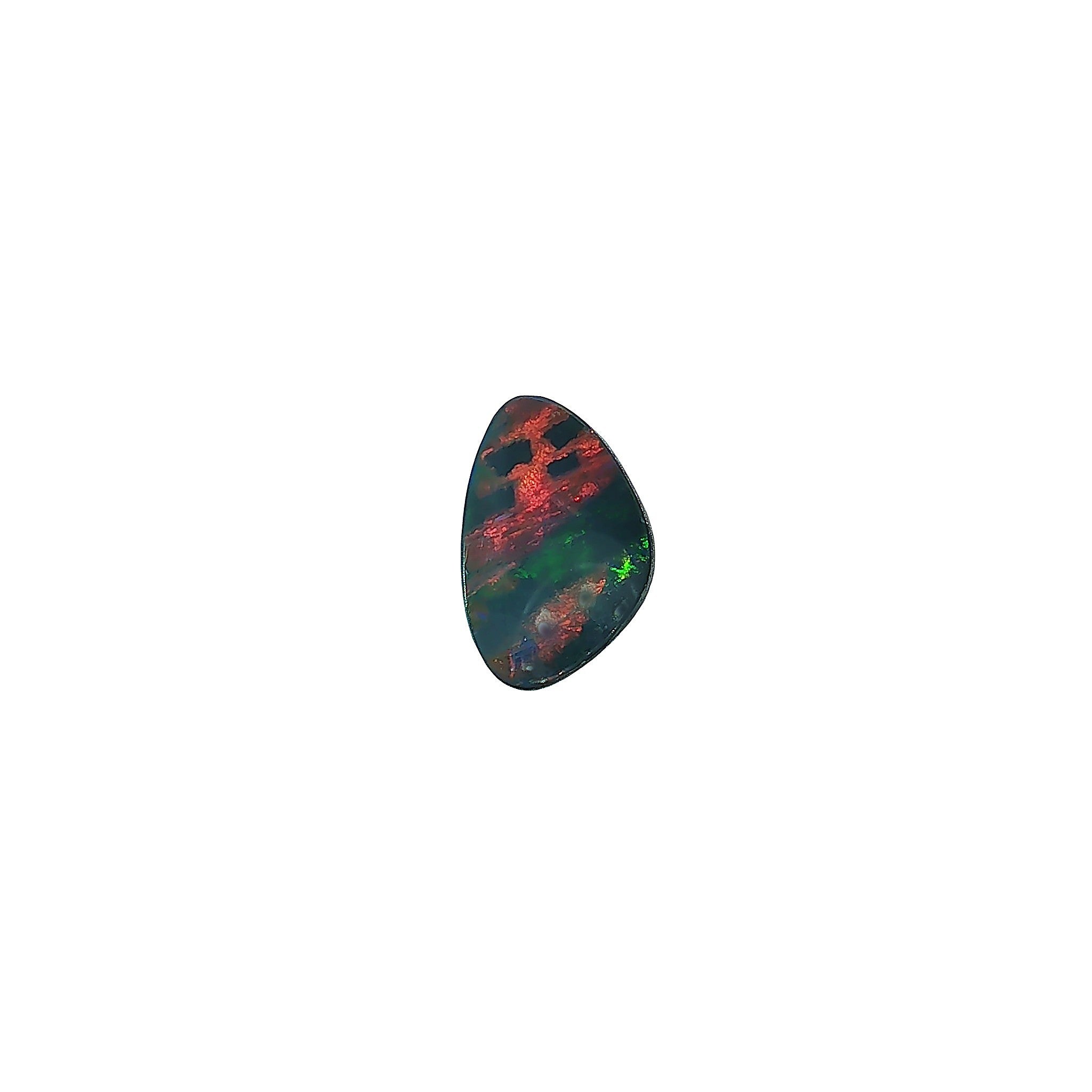 Australian opal doublet 1.5ct freeform, scarlet veining over green, on a white background