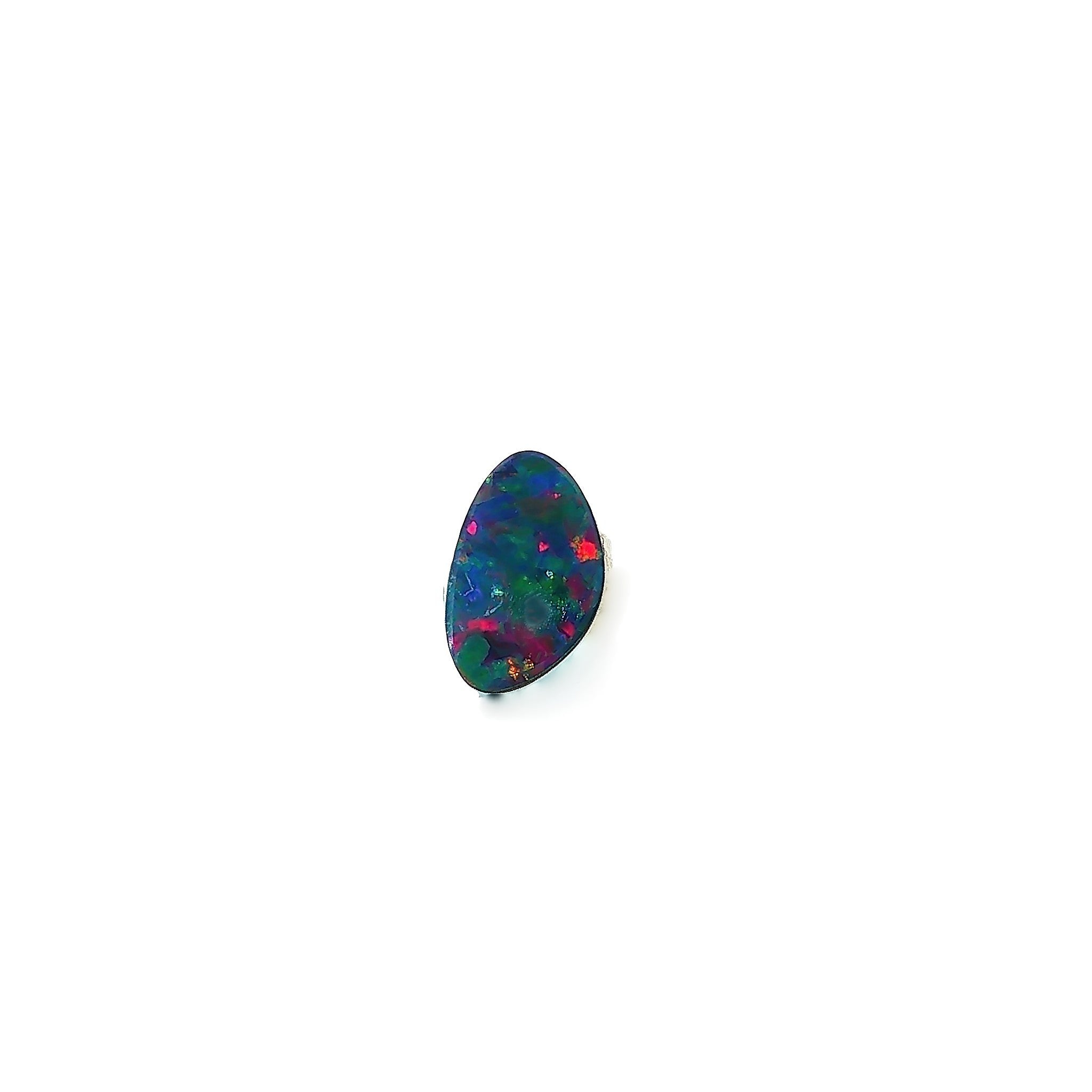 Australian opal doublet 0.91ct freeform, red and green mosaic over dark blue, on white