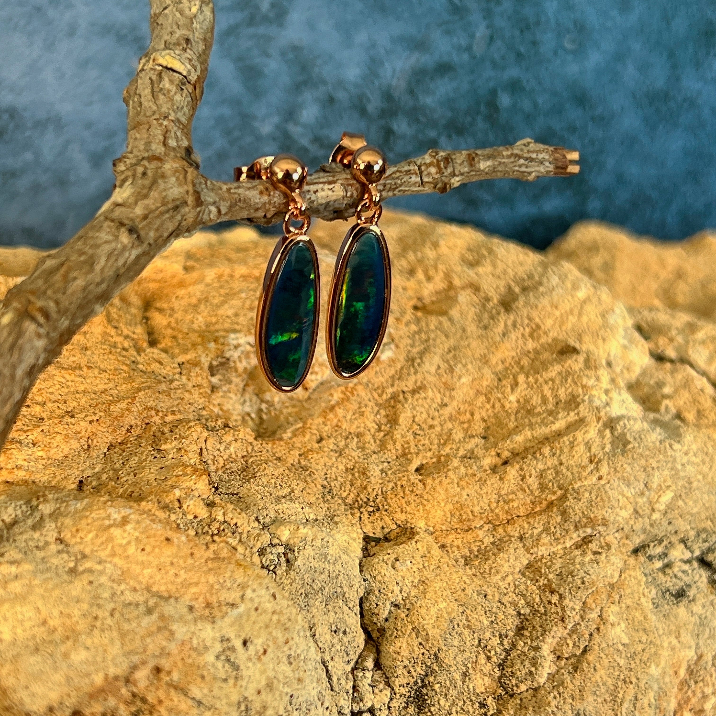 green, blue and yellow play-of-colour in 16 x 6mm freeform Australian opal doublet earrings