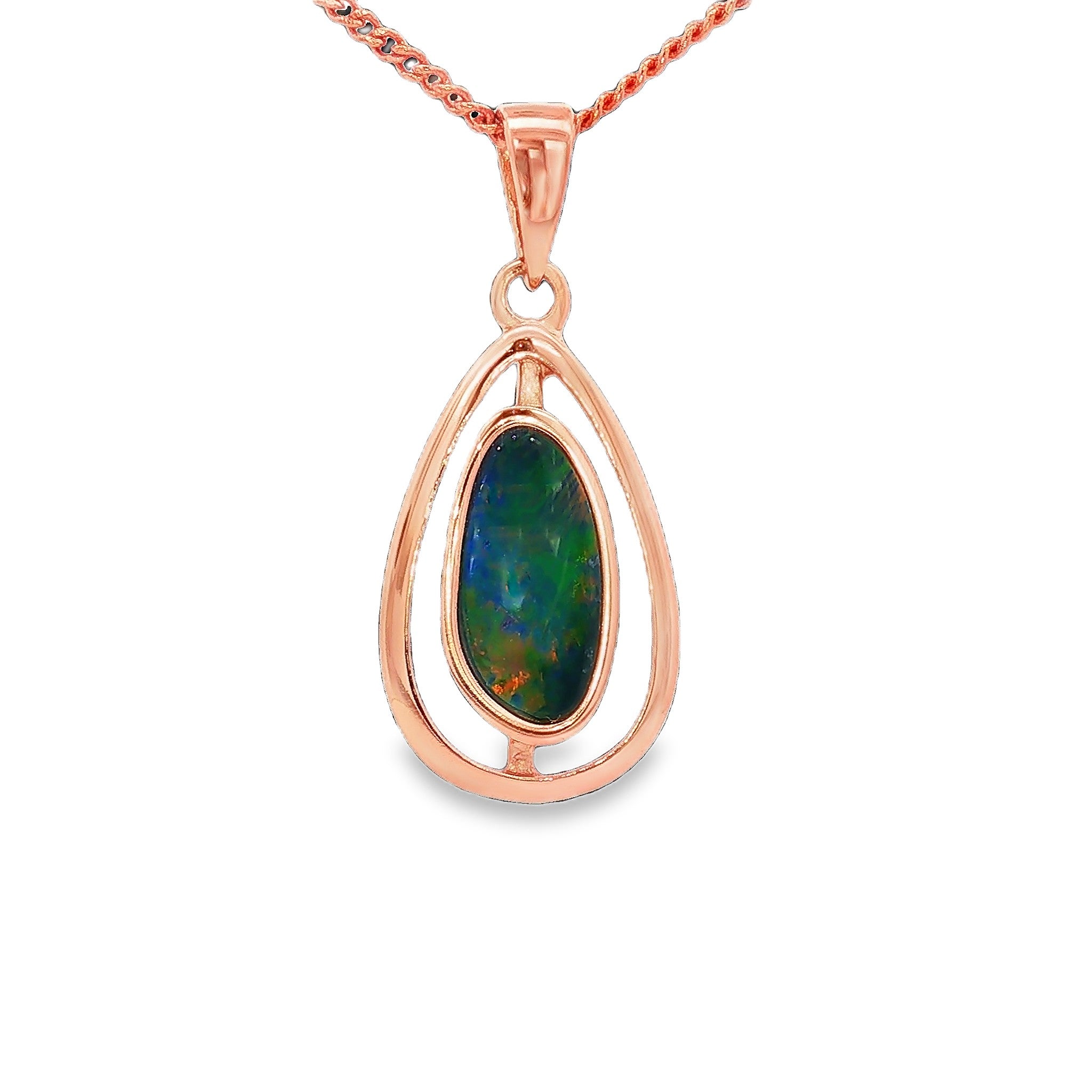 12 x 6mm freeform Australian opal doublet pendant in rose gold-plated silver