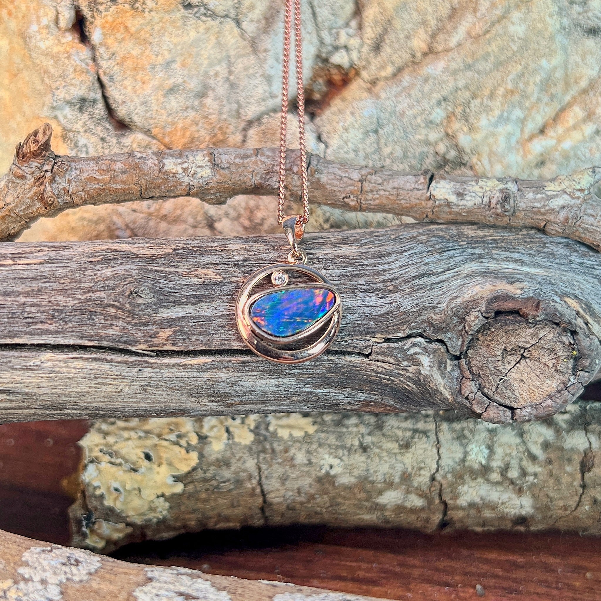 12 x 11mm Australian opal doublet pendant in rose gold-plated silver, blue, yellow, green and red
