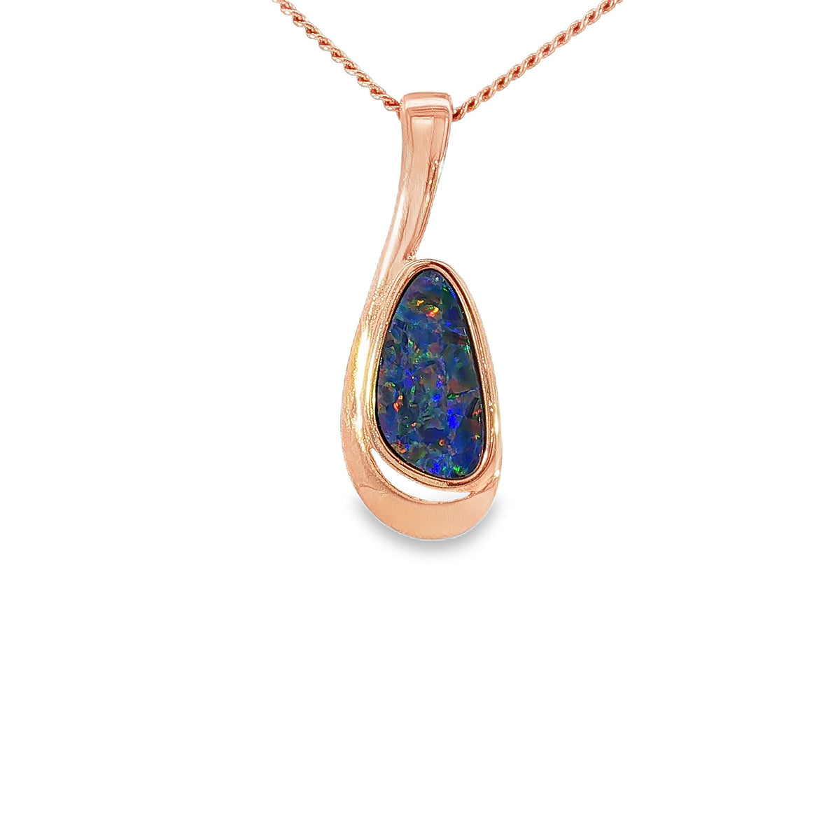 12 x 6.5mm freeform Australian opal doublet pendant in rose gold-plated silver