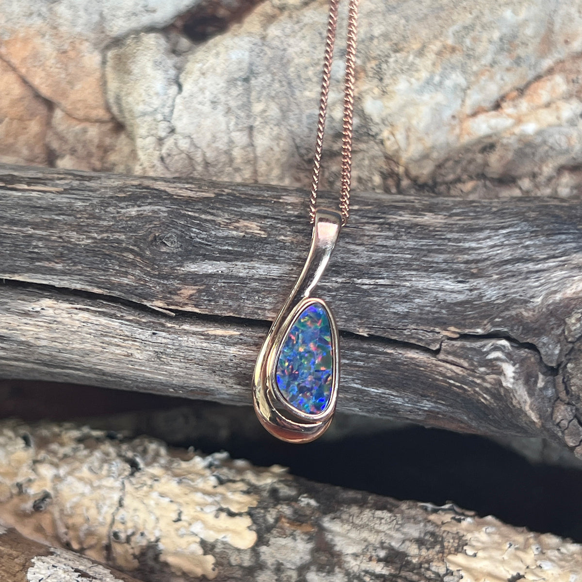 12 x 6.5mm Australian opal doublet pendant in rose gold-plated silver, green, orange and violet