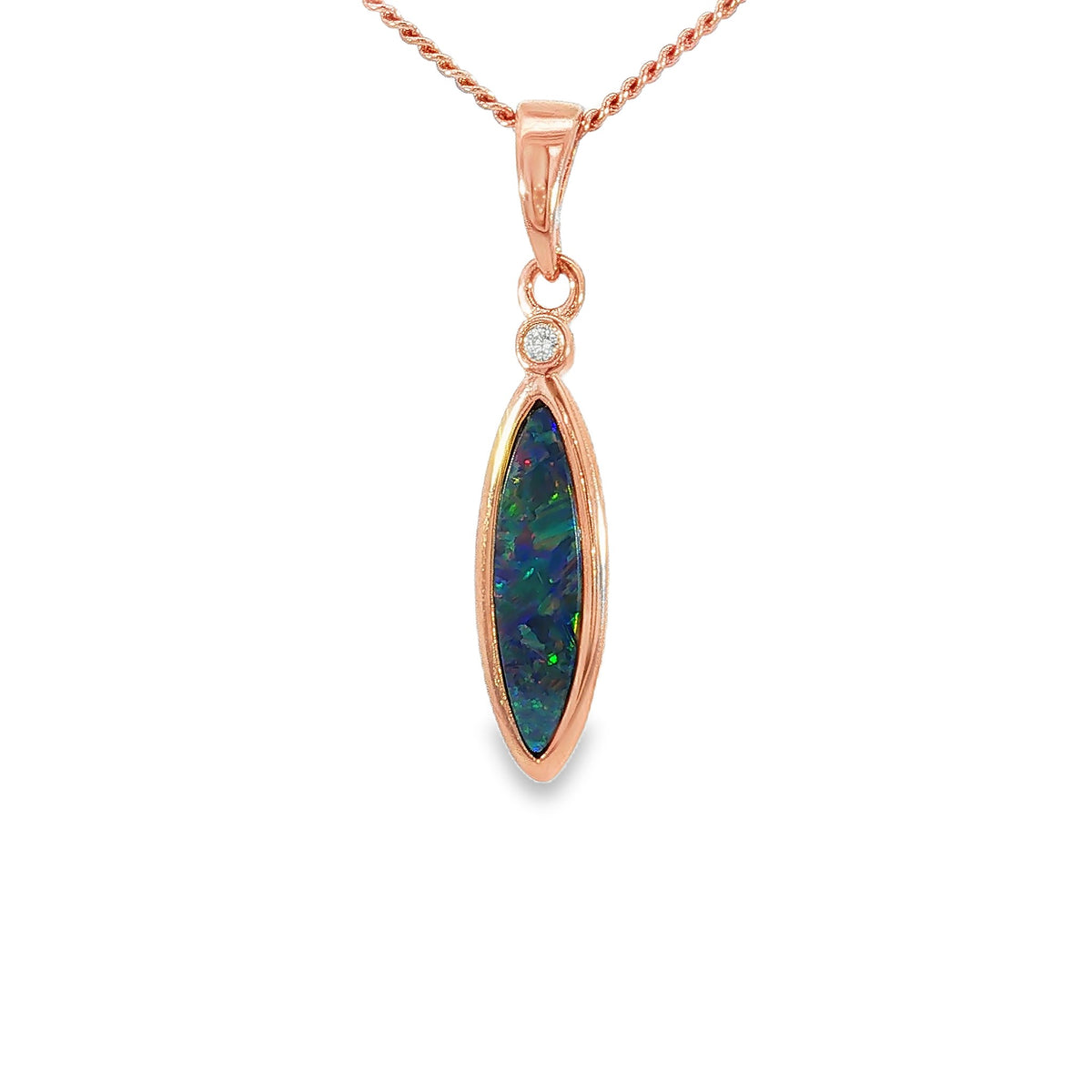 15 x 5mm marquise Australian opal doublet pendant in rose gold-plated silver
