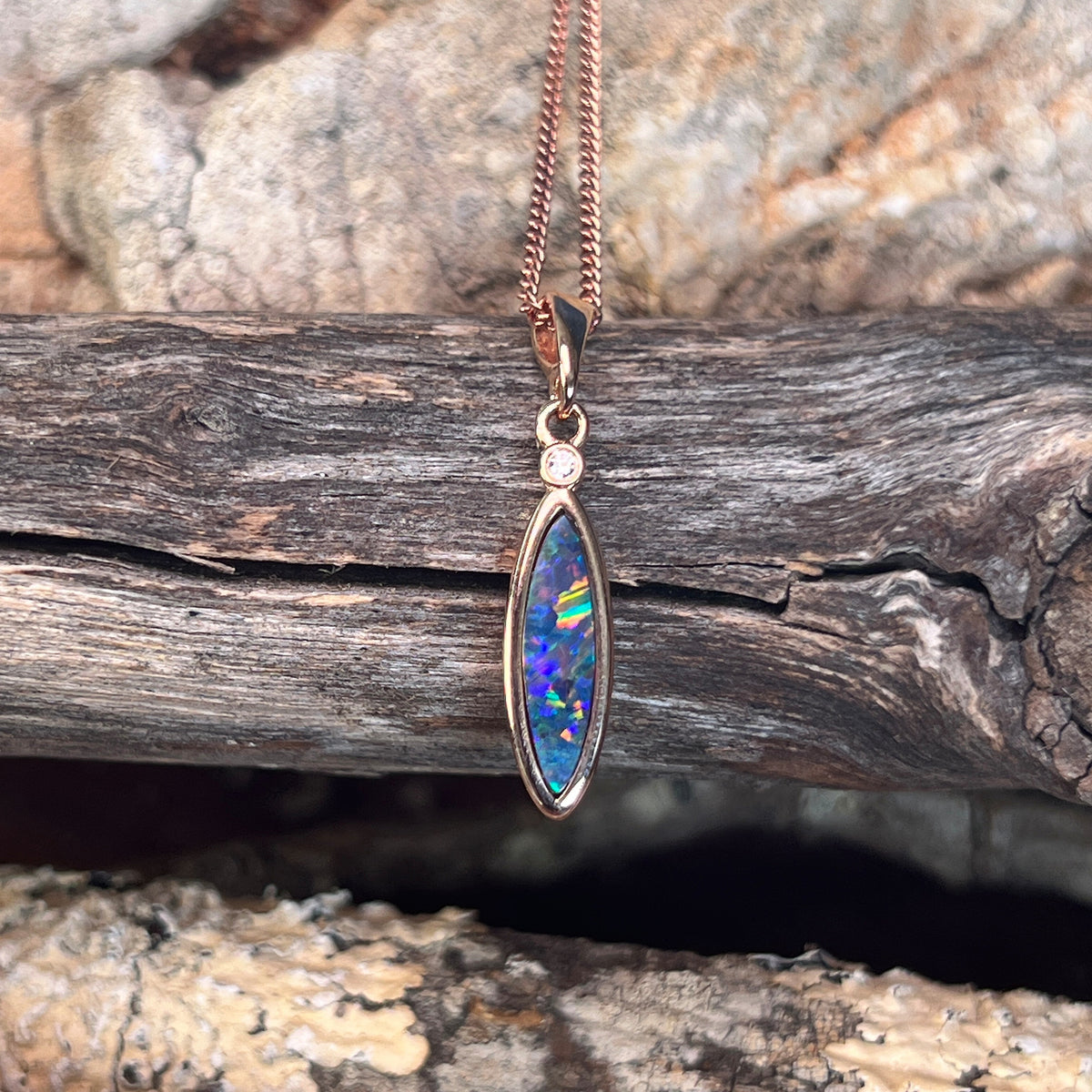 marquise Australian opal doublet pendant in rose gold-plated silver, green, red, blue and yellow play-of-colour