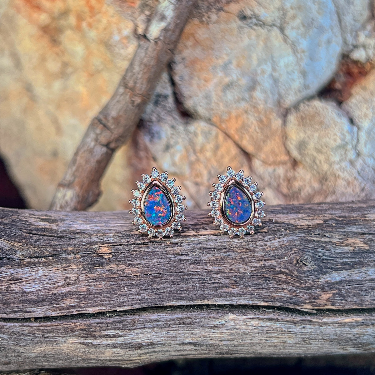 pear-shaped Australian opal doublet earrings in rose gold-plated silver, red, blue and green play-of-colour