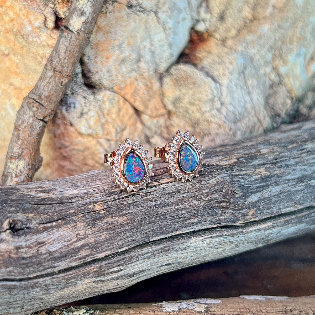 rose gold-plated silver Australian opal doublet earrings with 7 x 5mm pear-shaped stones