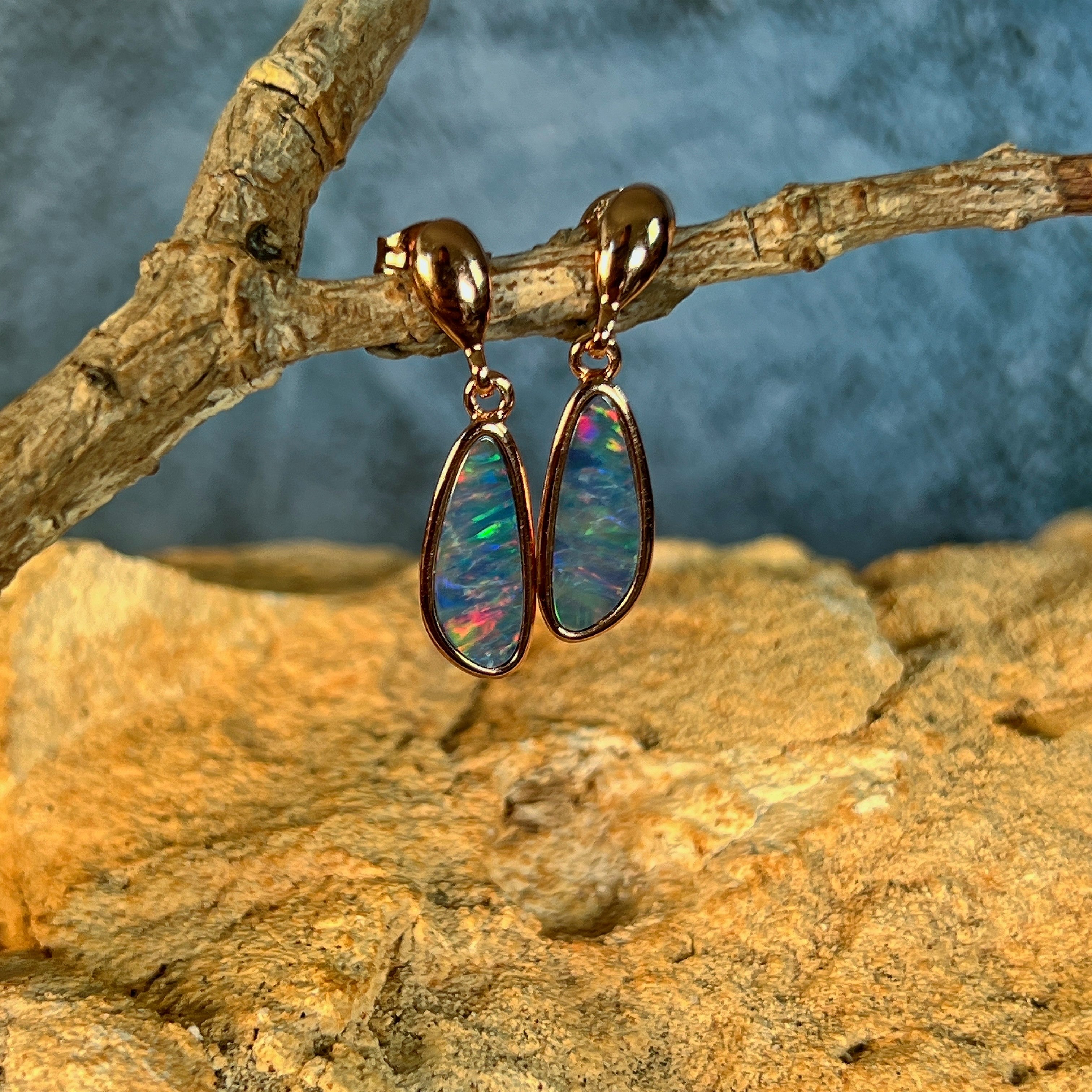 pear-shaped Australian opal doublet earrings in rose gold-plated silver, violet, red, green and blue play-of-colour