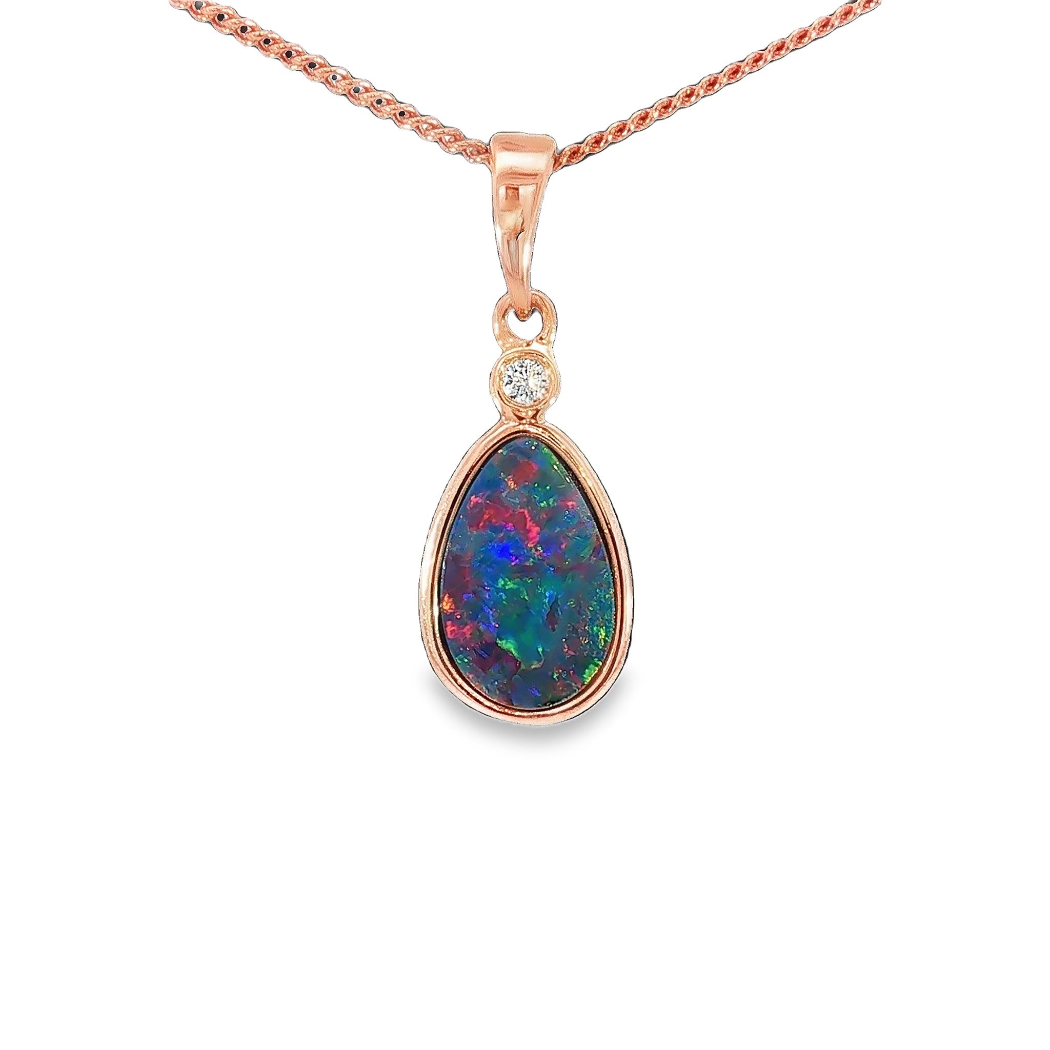 11 x 7mm pear-shaped Australian opal doublet pendant in rose gold-plated silver