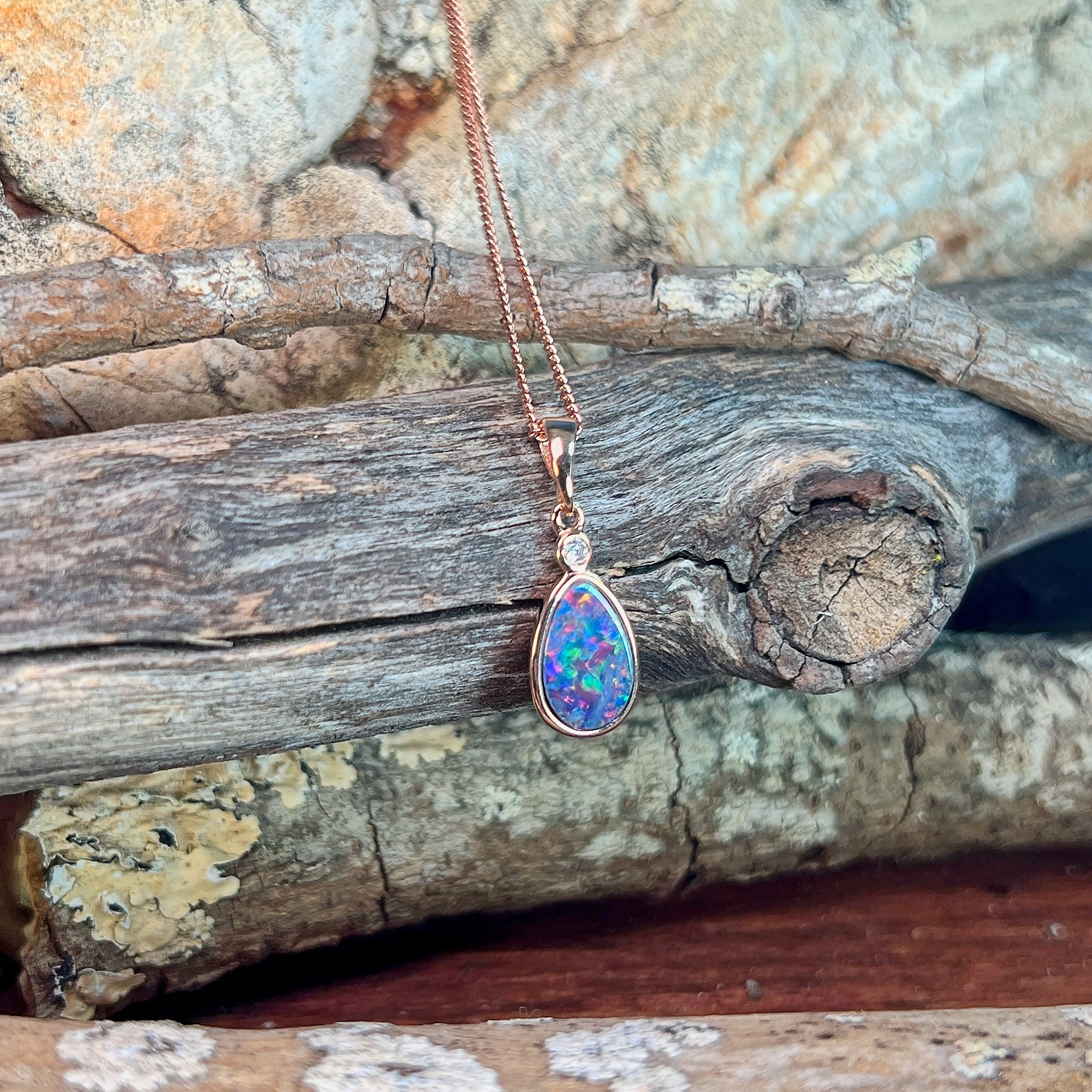 rose gold-plated silver Australian opal doublet pendant with a 11 x 7mm pear-shaped stone