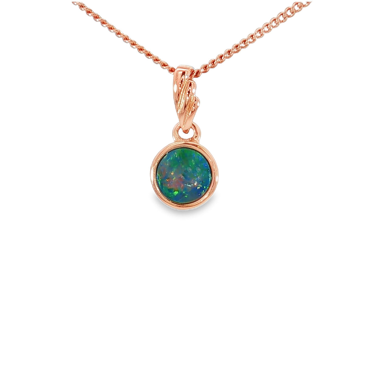 6mm round Australian opal doublet pendant in rose gold-plated silver