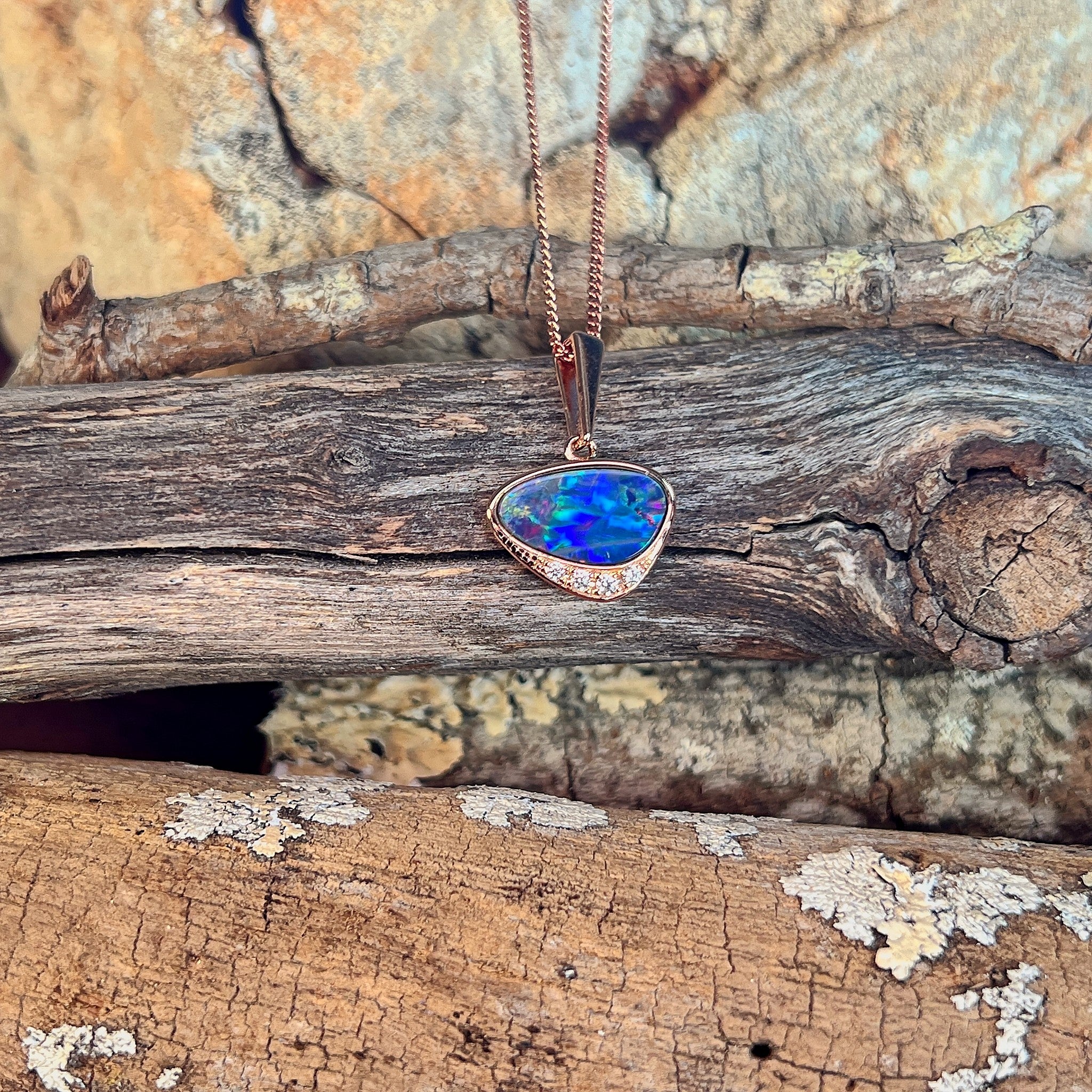 triangular Australian opal doublet pendant in rose gold-plated silver, 13 x 7mm, blue, yellow, green and red
