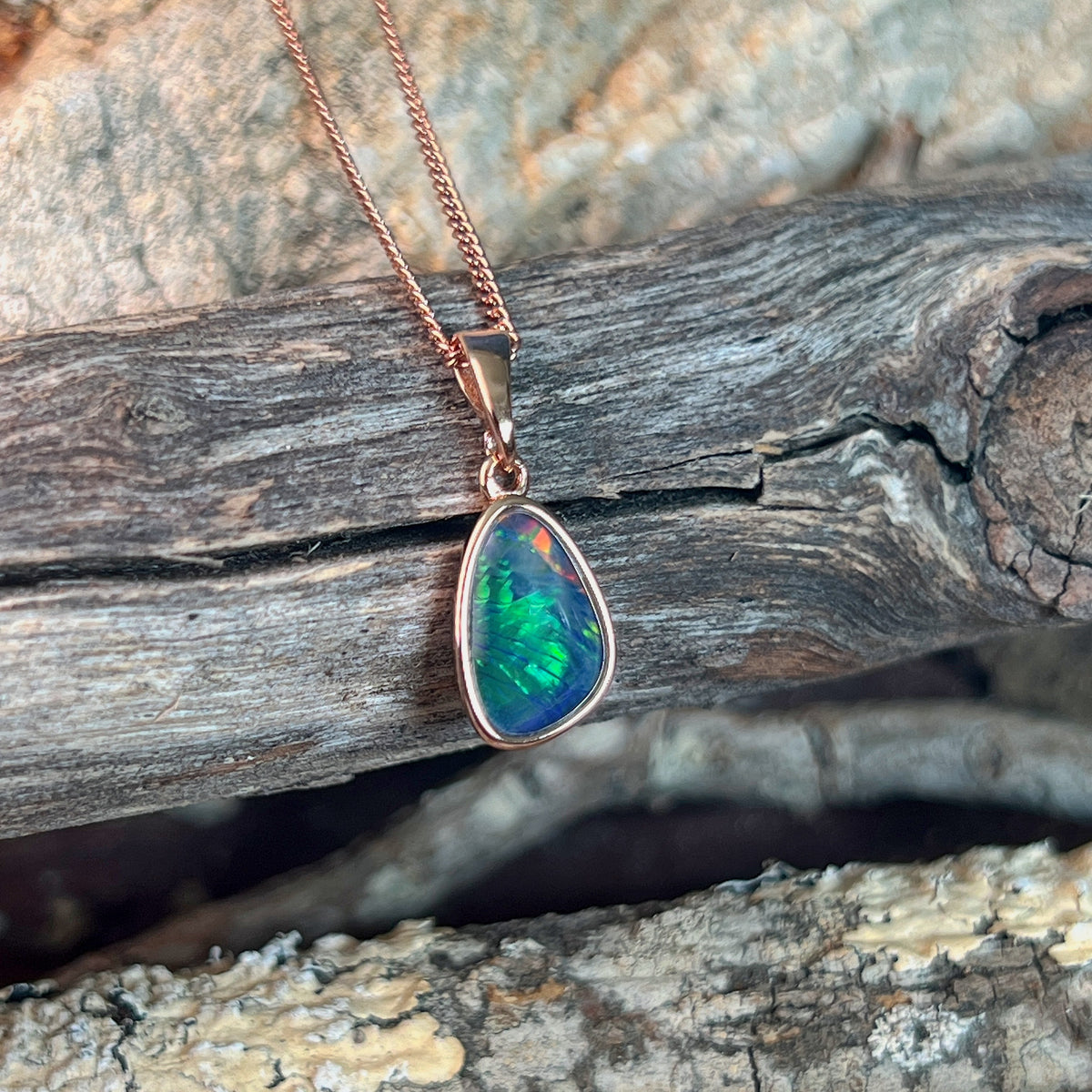 red, green and blue Australian opal triplet, freeform, rose gold-plated silver pendant, 12 x 8mm
