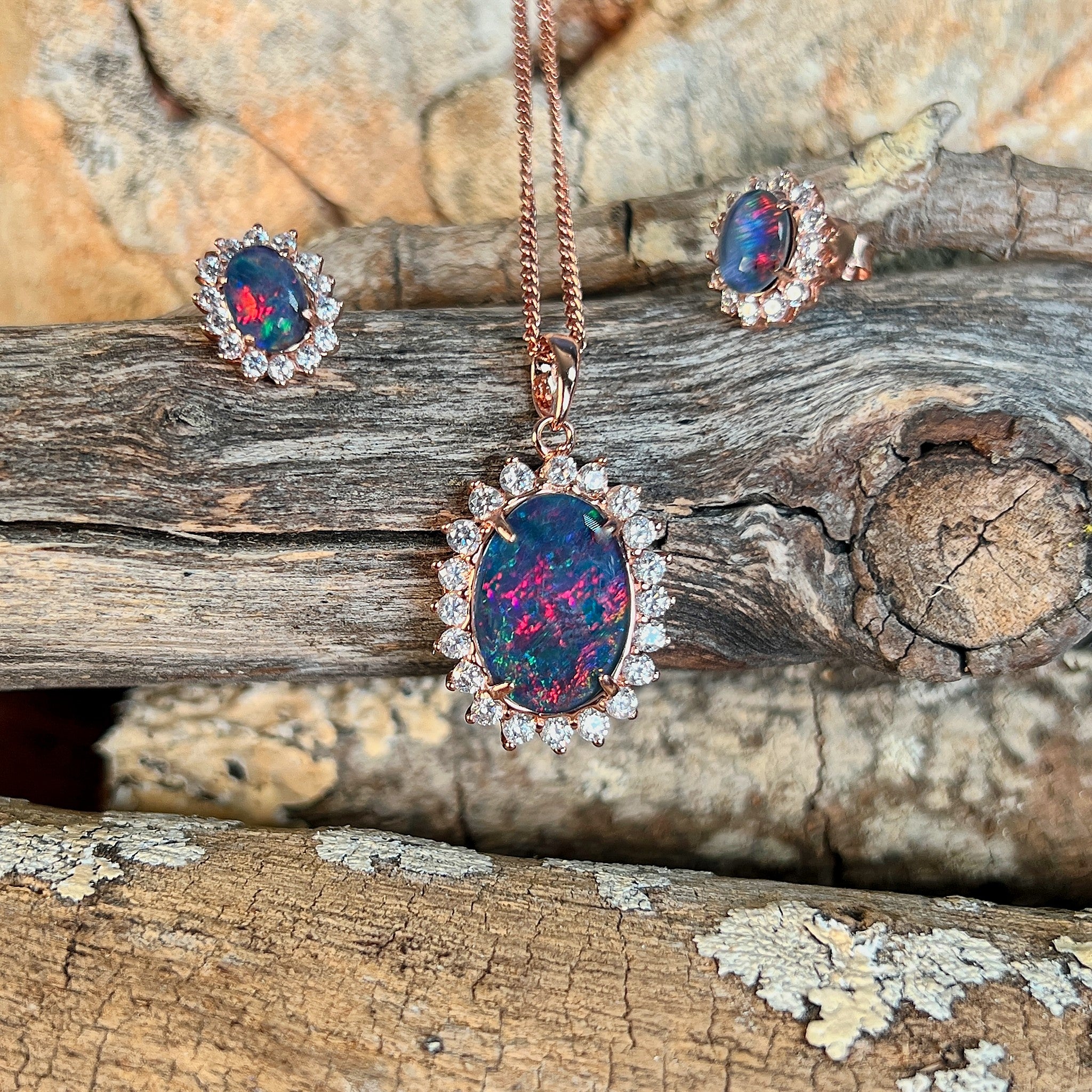 oval Australian opal triplet pendant and earring set in rose gold-plated silver, red, blue and green play-of-colour