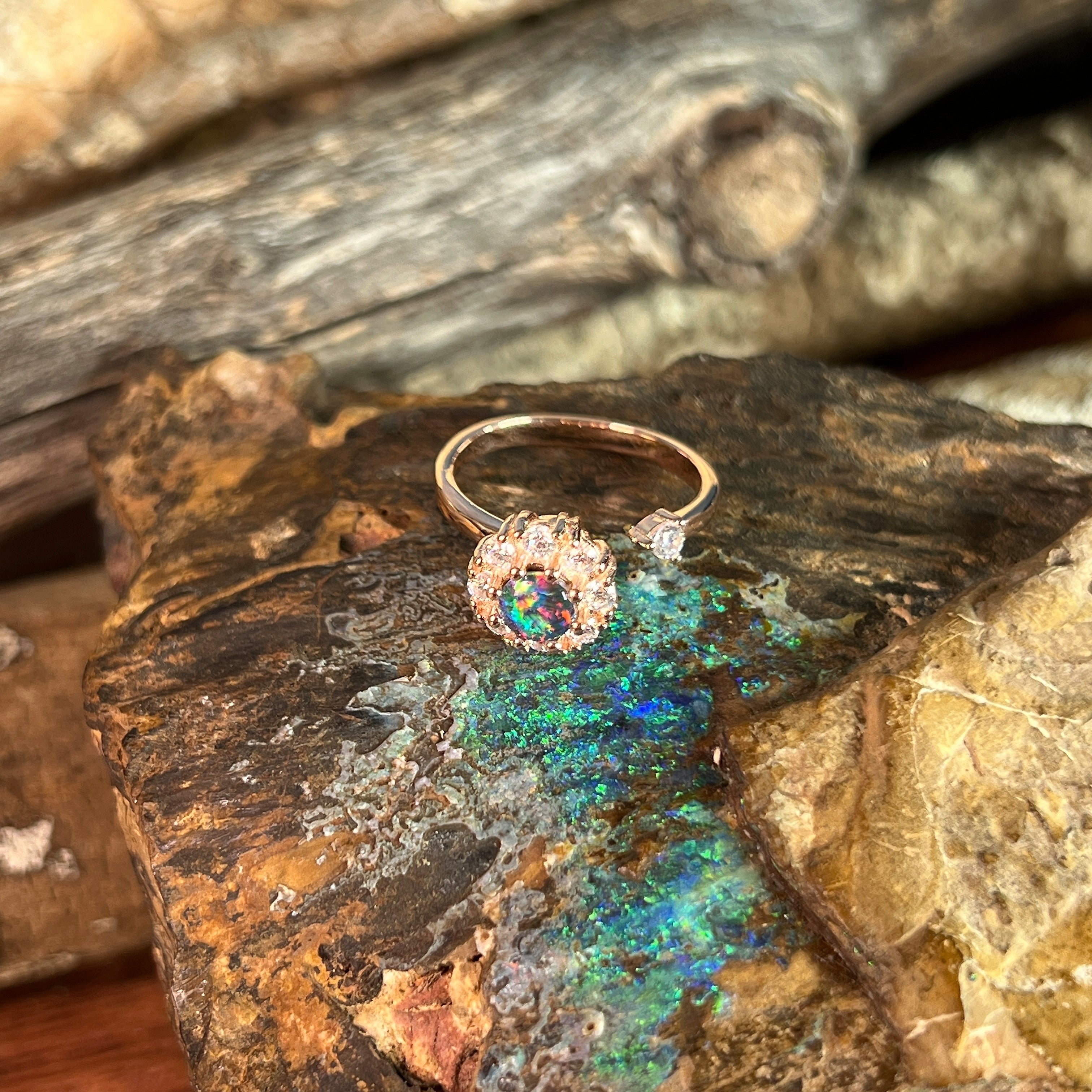 Australian opal triplet ring in rose gold-plated silver, round stone, ring size US 7