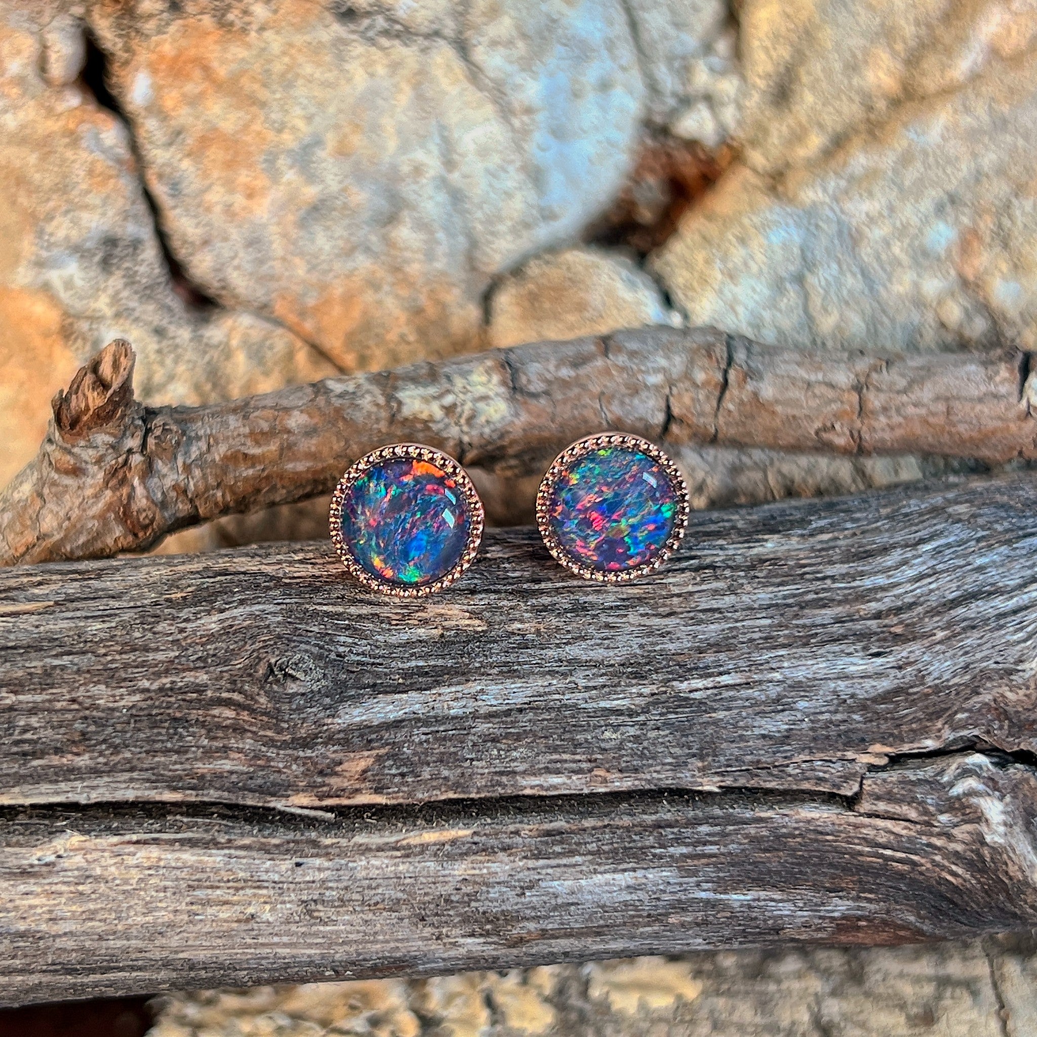 round Australian opal triplet earrings in rose gold-plated silver, red, blue and green play-of-colour