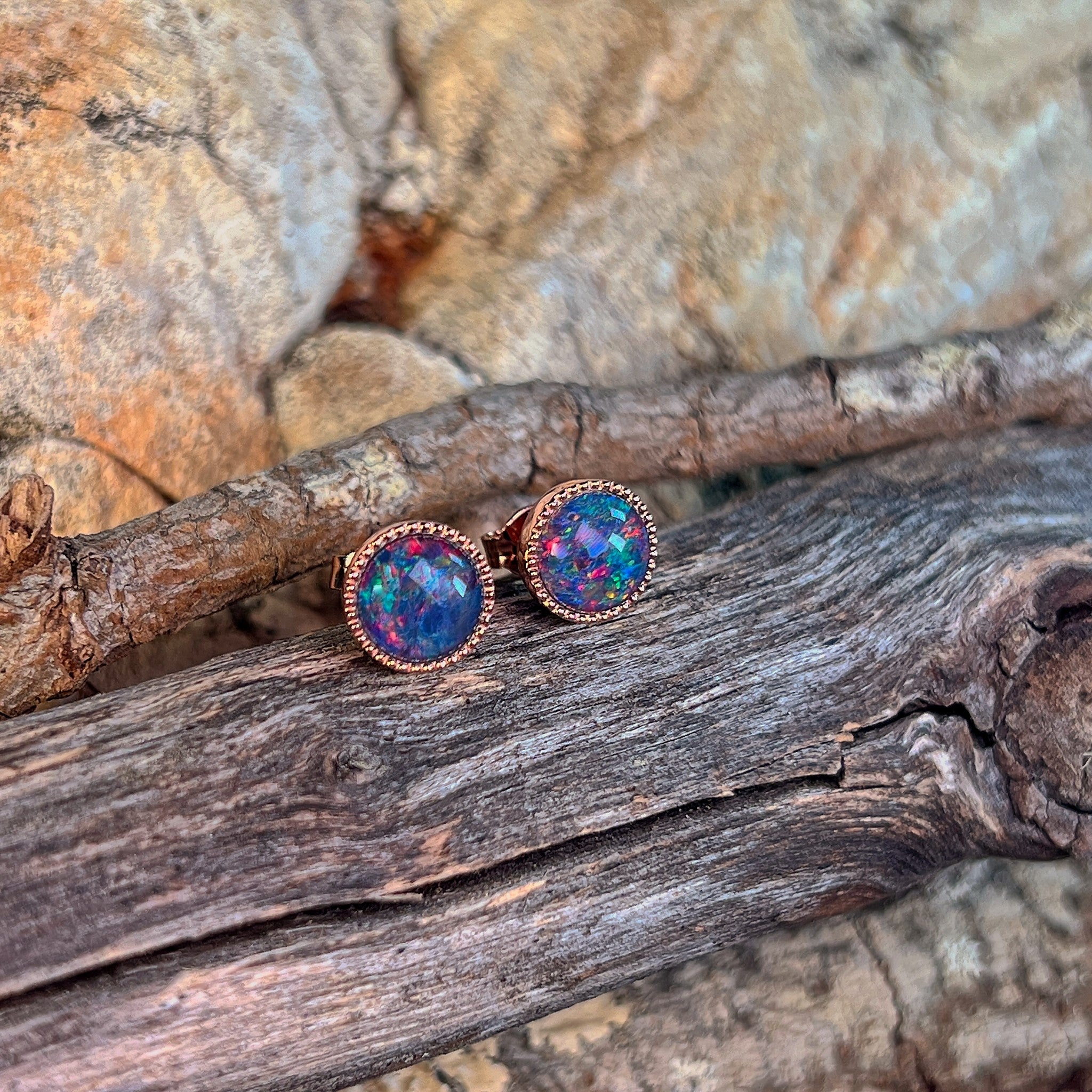 rose gold-plated silver Australian opal triplet earrings with 7mm round stones