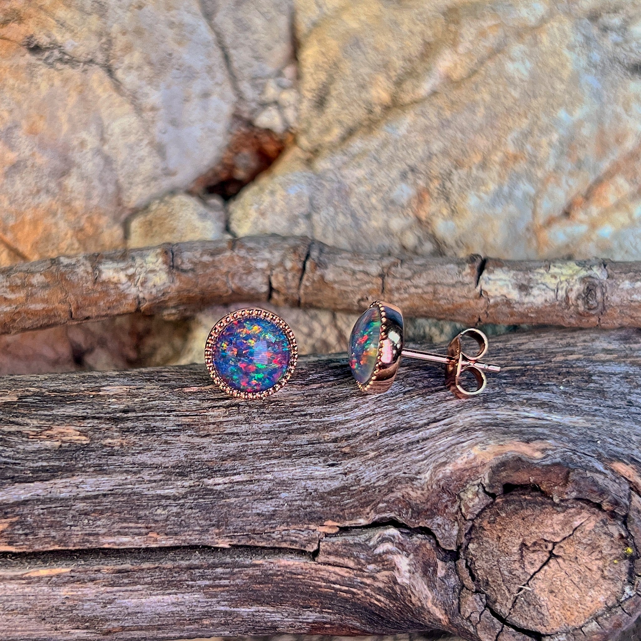 7mm Australian opal triplet earrings in rose gold-plated silver, red, blue and green