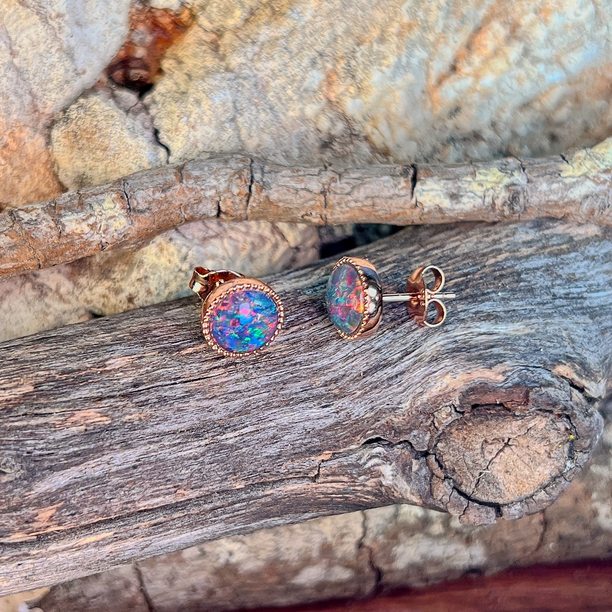 round Australian opal triplet earrings in rose gold-plated silver, 7mm, red, blue and green