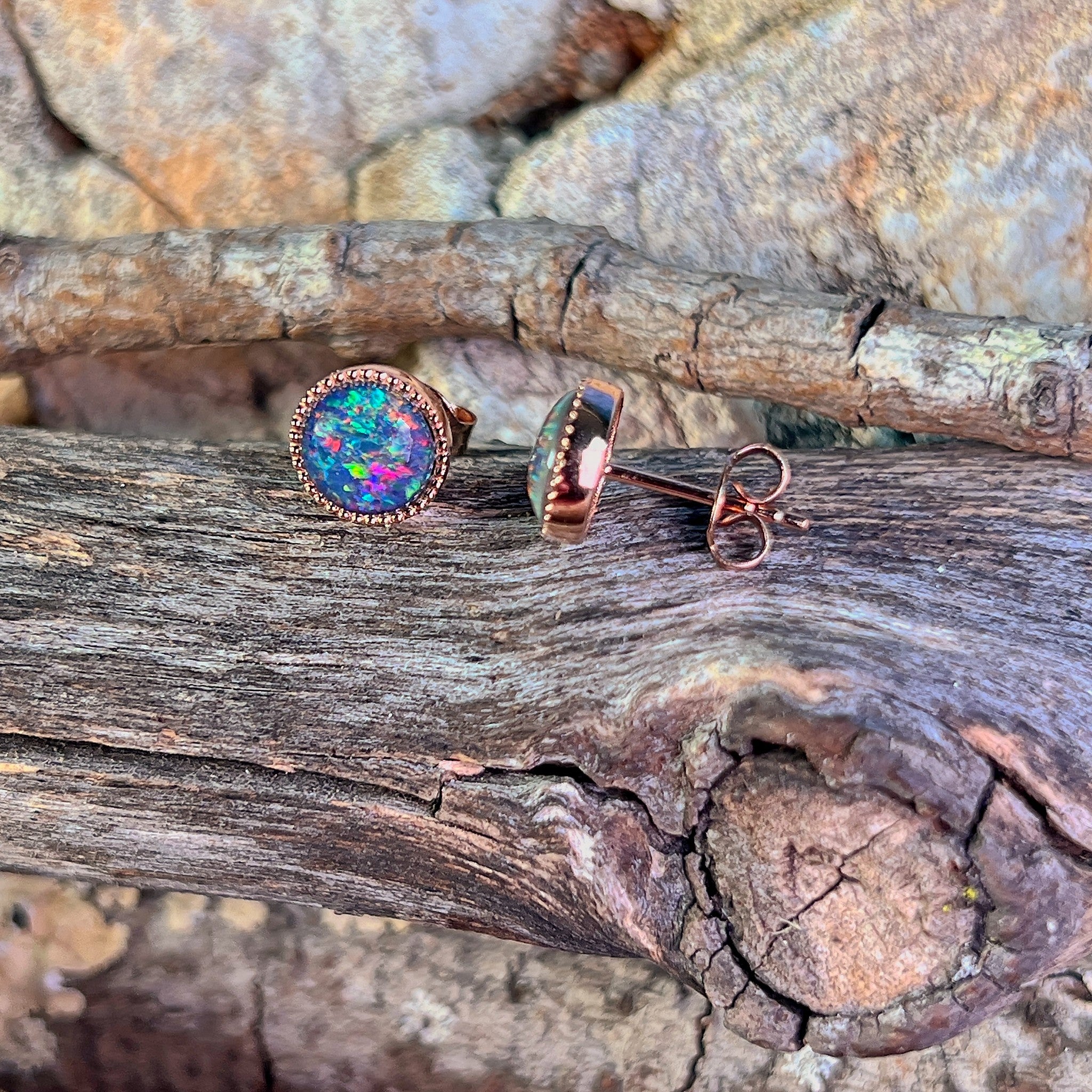 red, blue and green Australian opal triplet, round, rose gold-plated silver earrings, 7mm