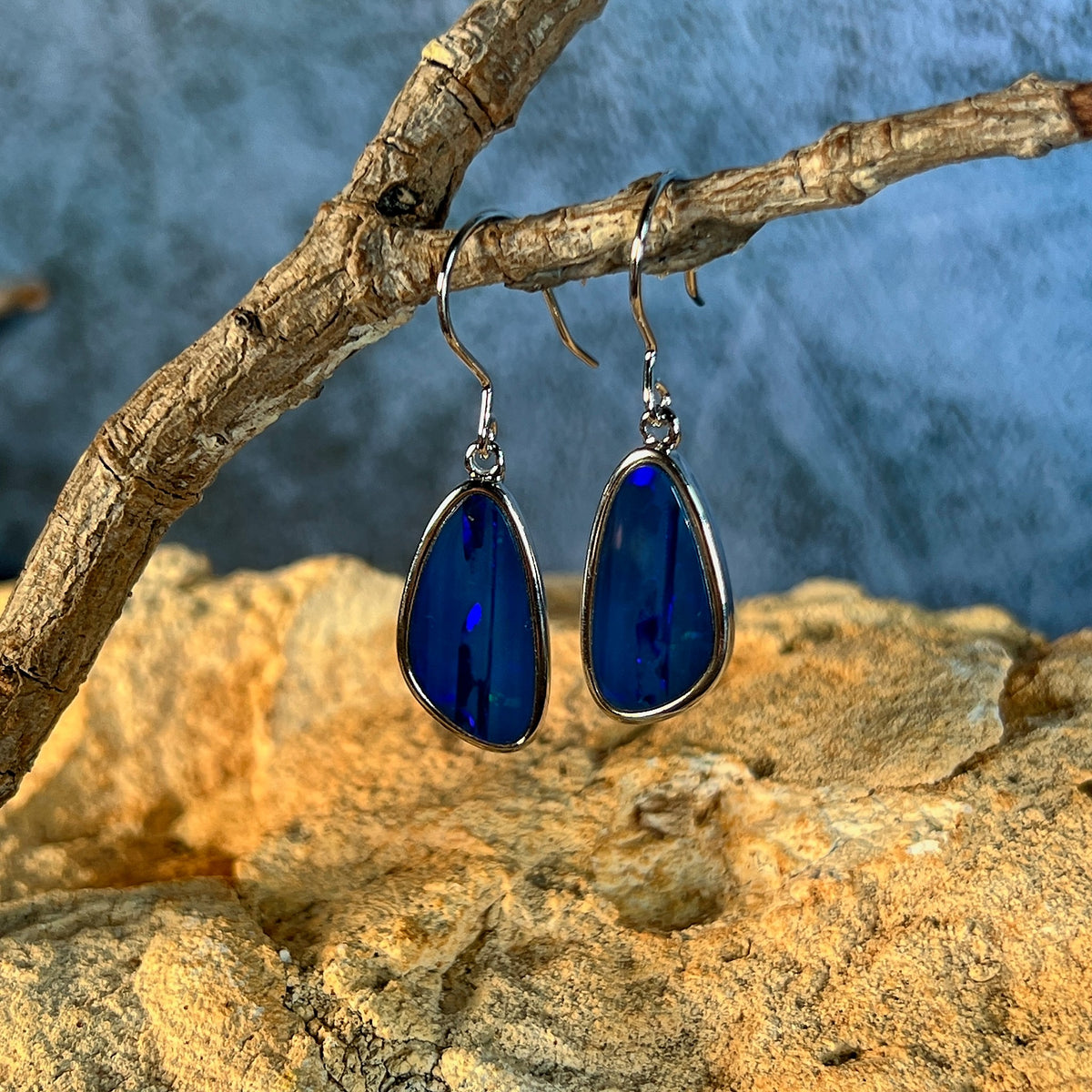 blue and green play-of-colour in 17.5 x 9mm freeform Australian opal doublet earrings