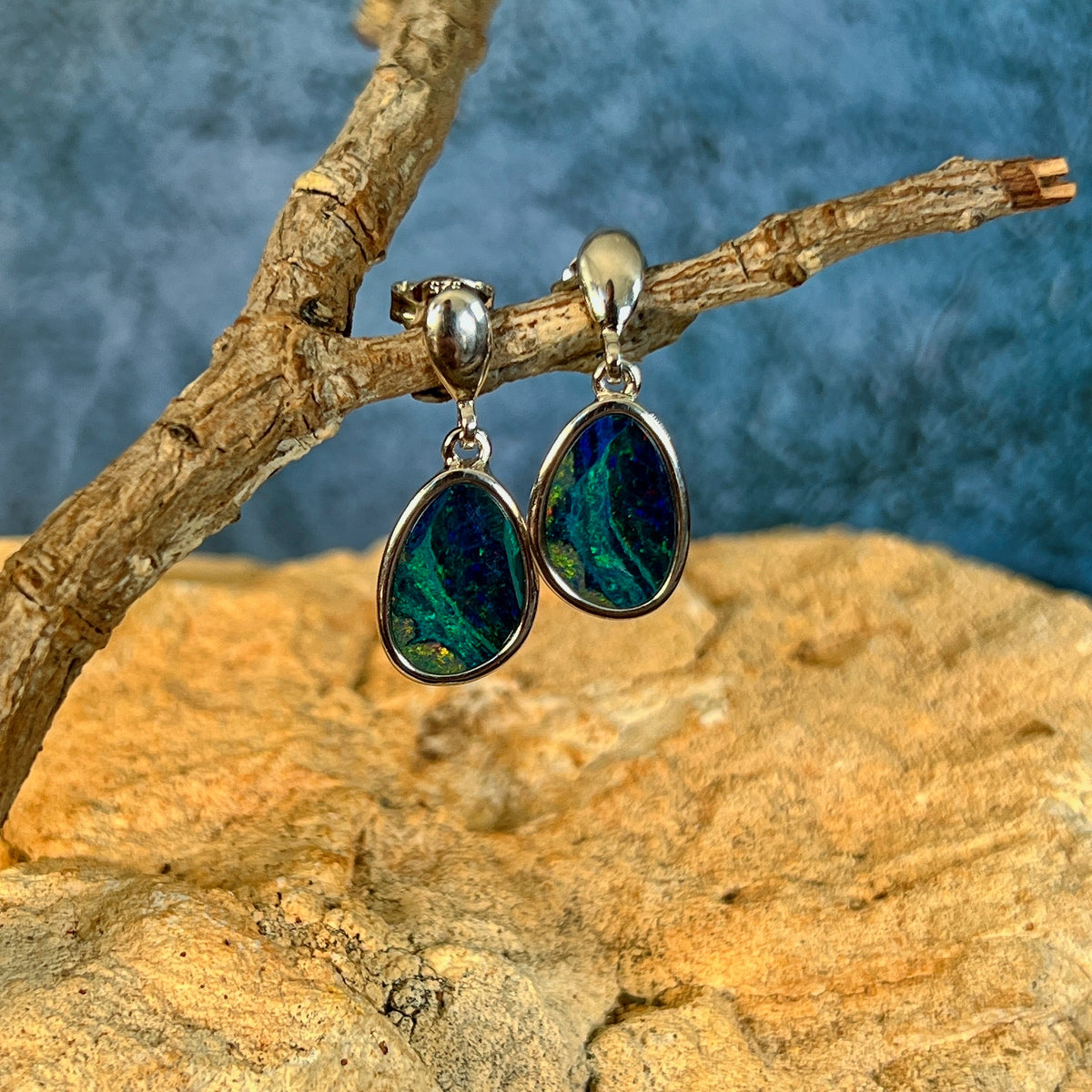 freeform Australian opal doublet earrings in sterling silver, blue, green and pink play-of-colour