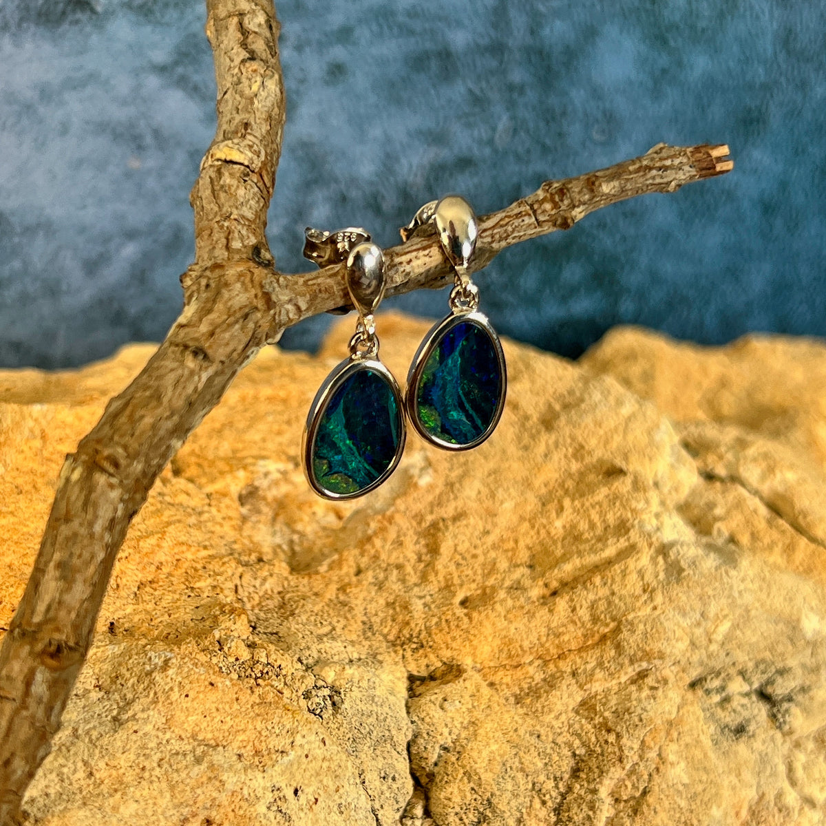 blue, green and pink play-of-colour in 12 x 8.5mm freeform Australian opal doublet earrings