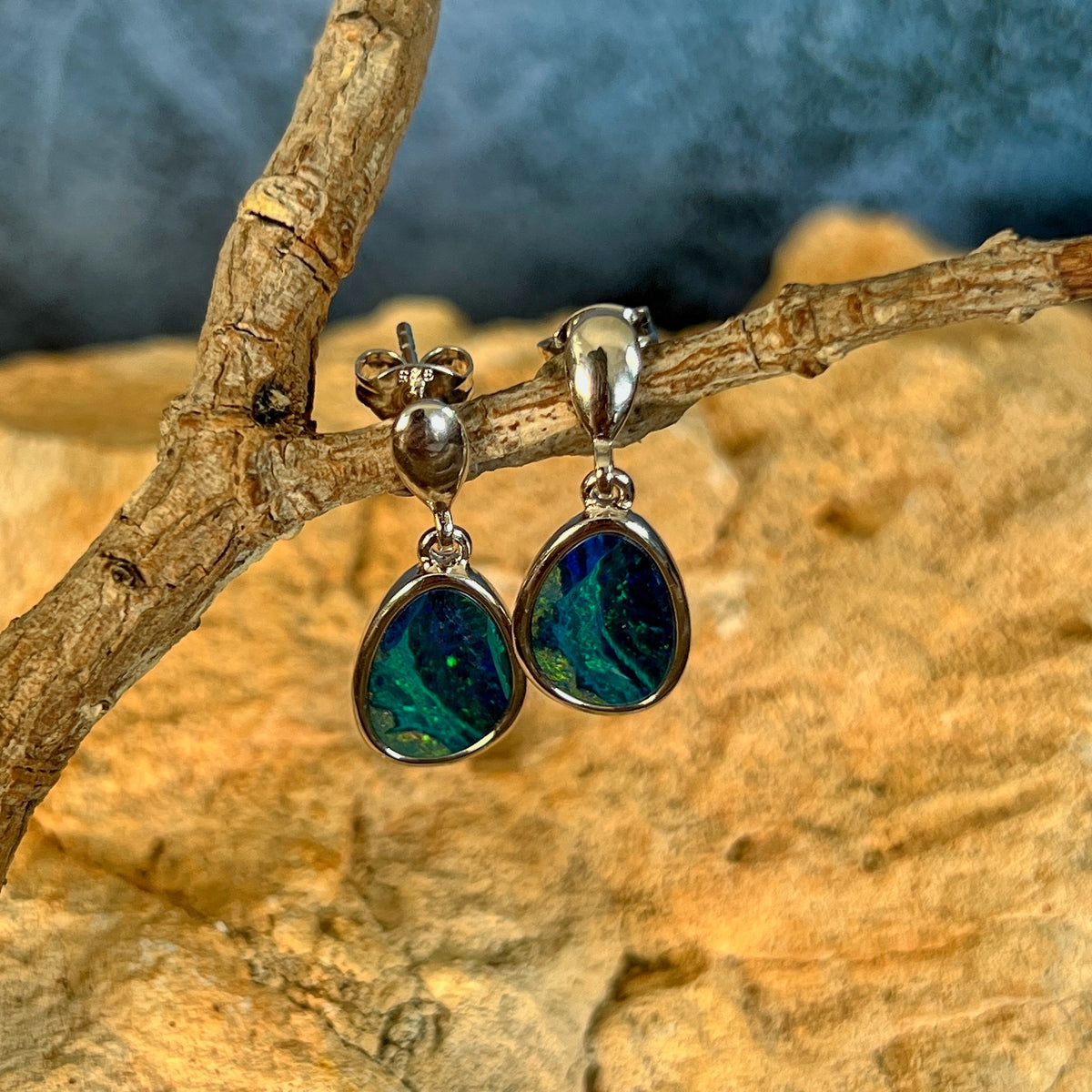 12 x 8.5mm Australian opal doublet earrings in sterling silver, blue, green and pink
