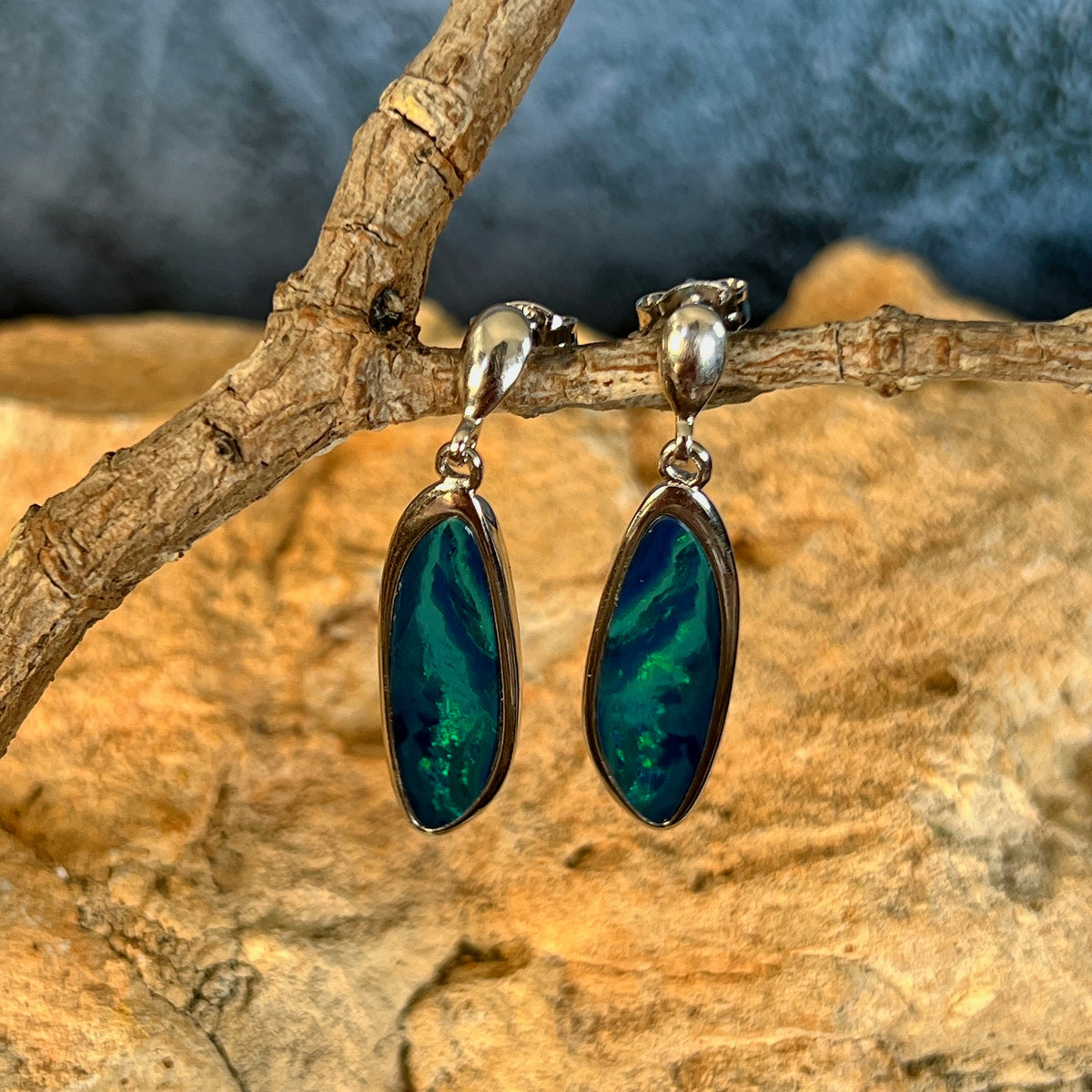 24 x 8mm Australian opal doublet earrings in sterling silver, blue and green