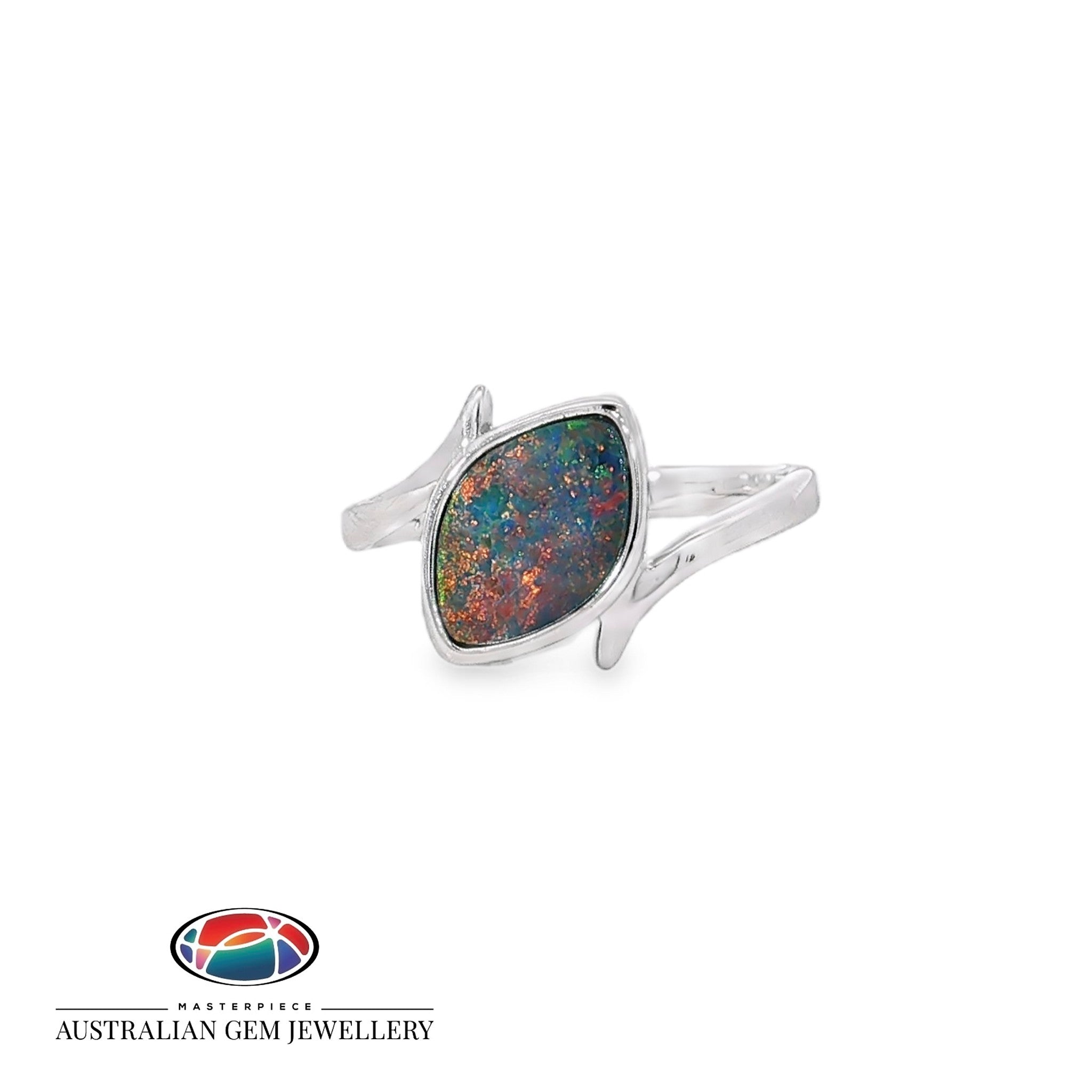 Marquise opal doublet ring in sterling silver in an open crossover setting, showing blue, red and green play of colour