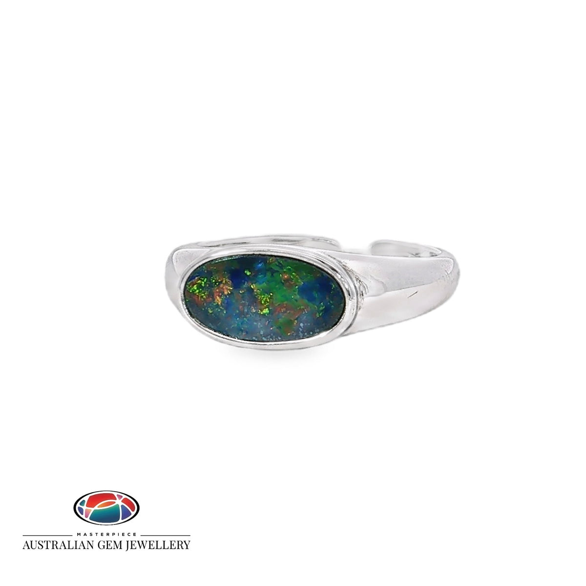 Oval opal doublet set horizontally in a wide sterling silver band, showing yellow, red and green play of colour