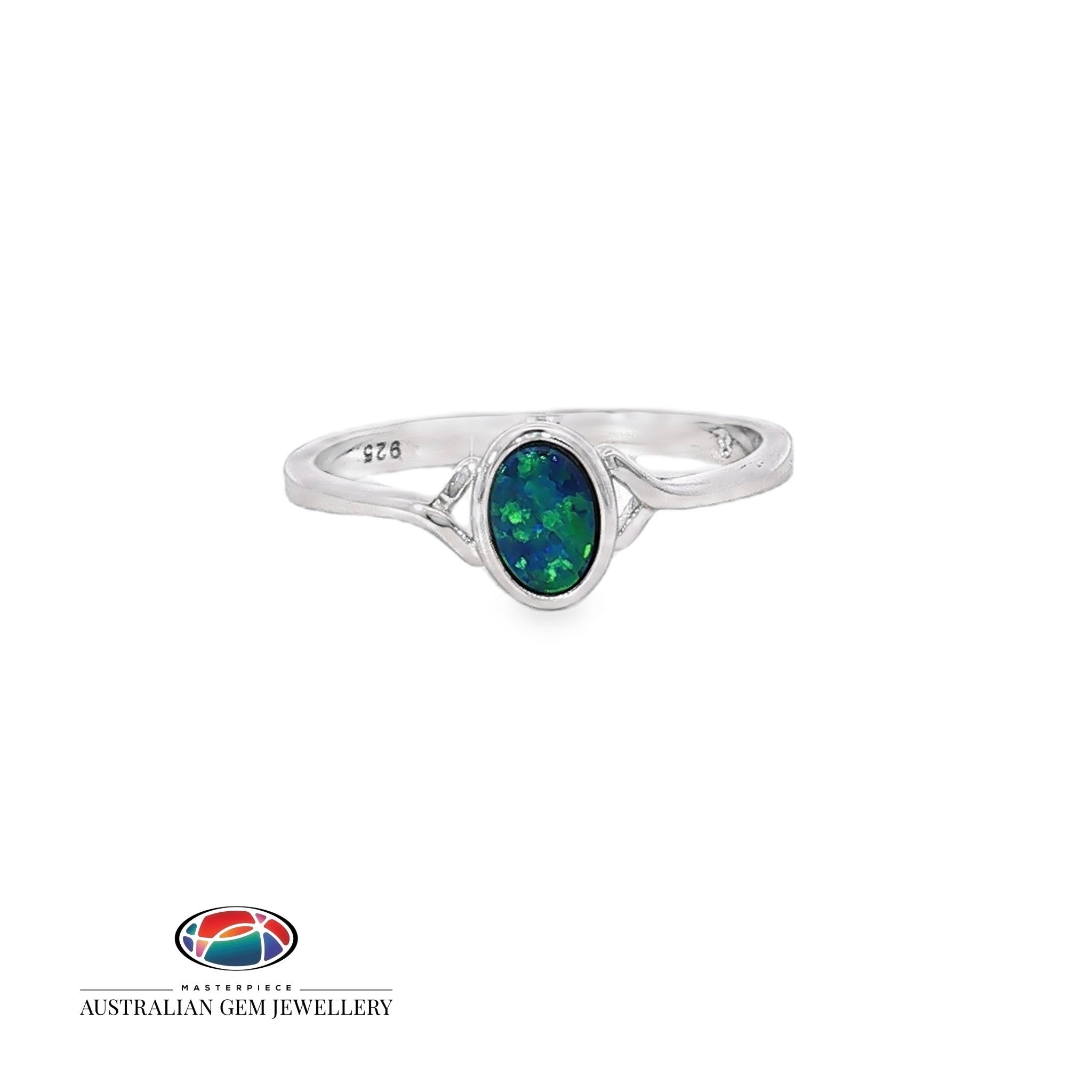 Oval opal doublet bezel-set solitaire ring in sterling silver, showing green and black play of colour