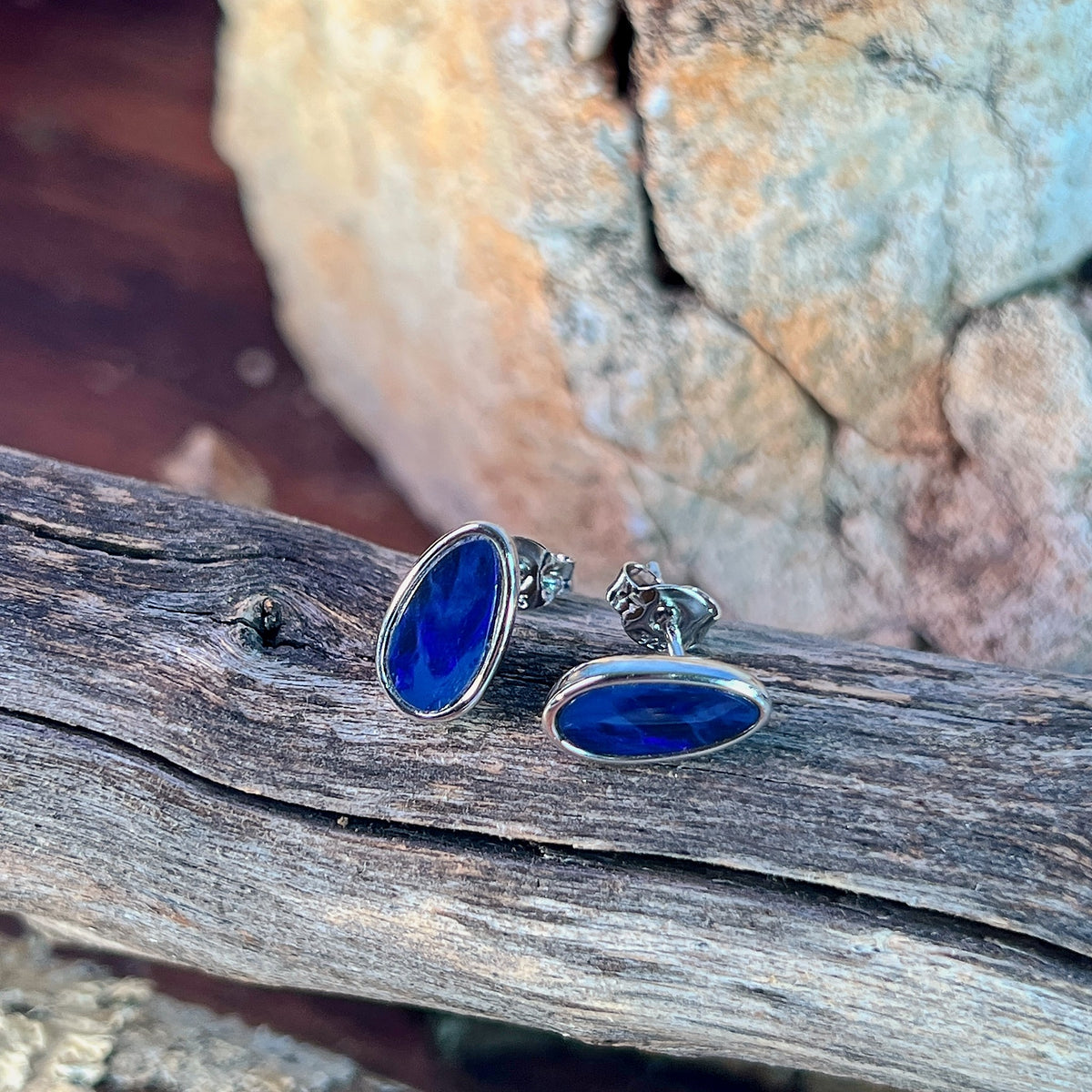 11 x 6mm Australian opal doublet earrings in sterling silver, blue and black