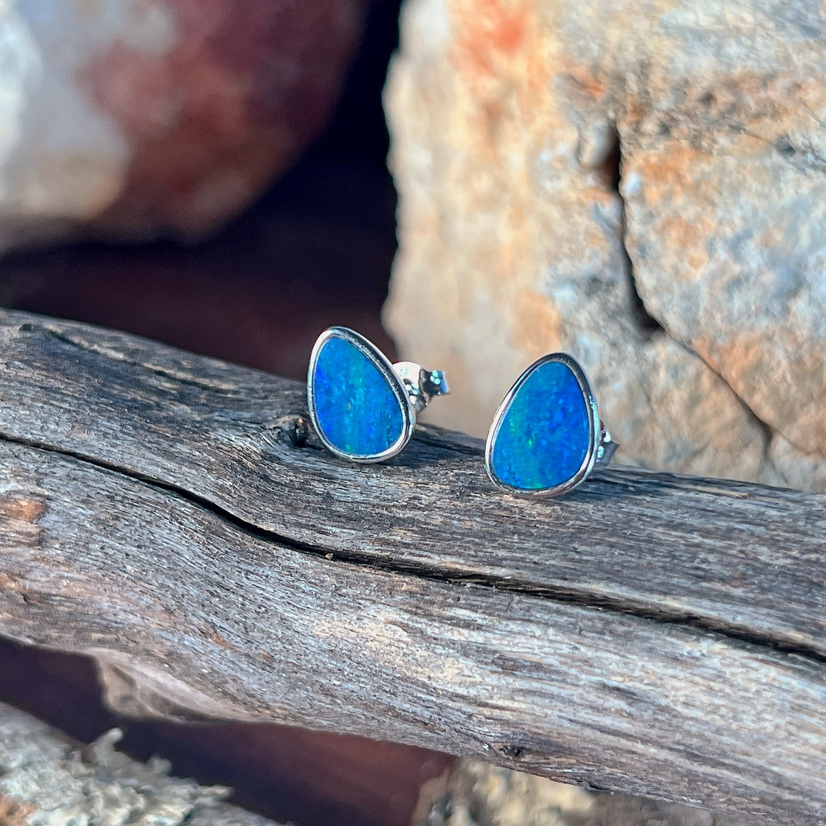 sterling silver Australian opal doublet earrings with 10 x 8mm triangular stones