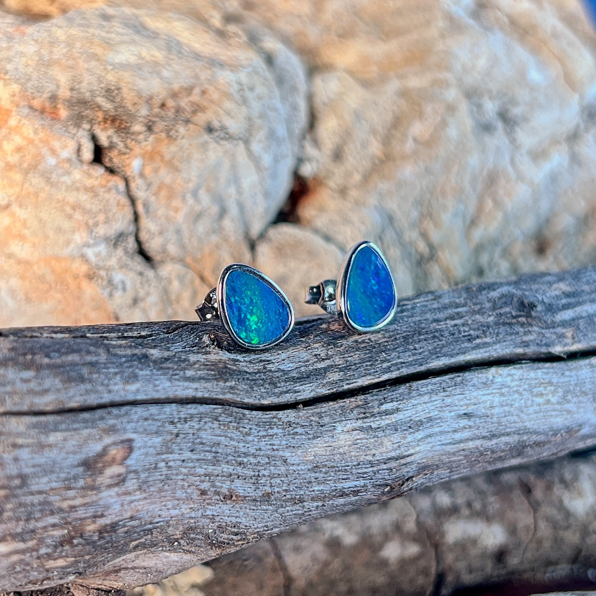10 x 8mm Australian opal doublet earrings in sterling silver, blue and green