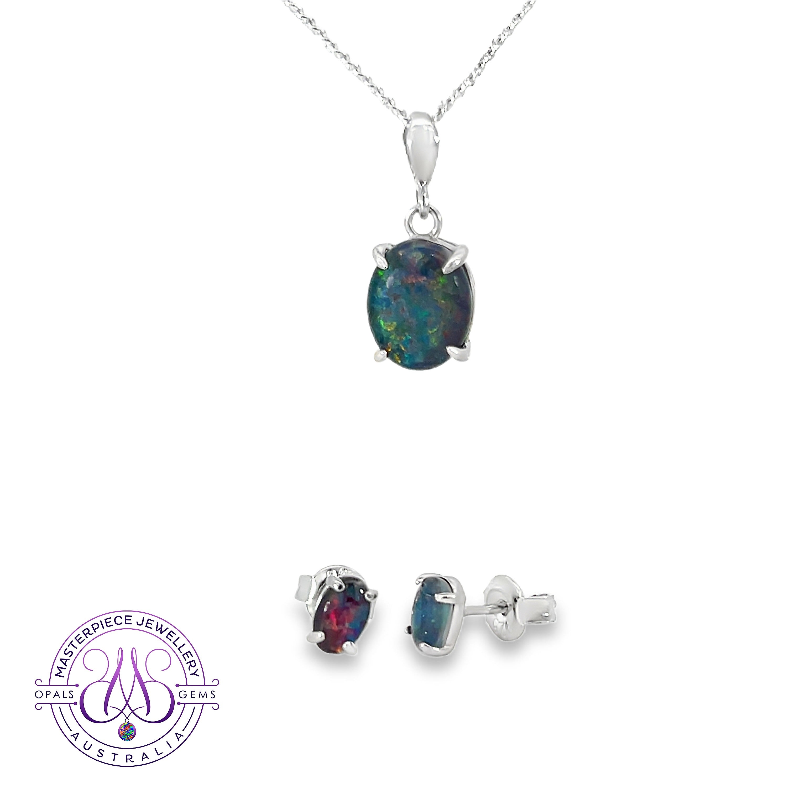 Claw-set sterling silver opal triplet pendant and earring set with 10x8mm oval opals