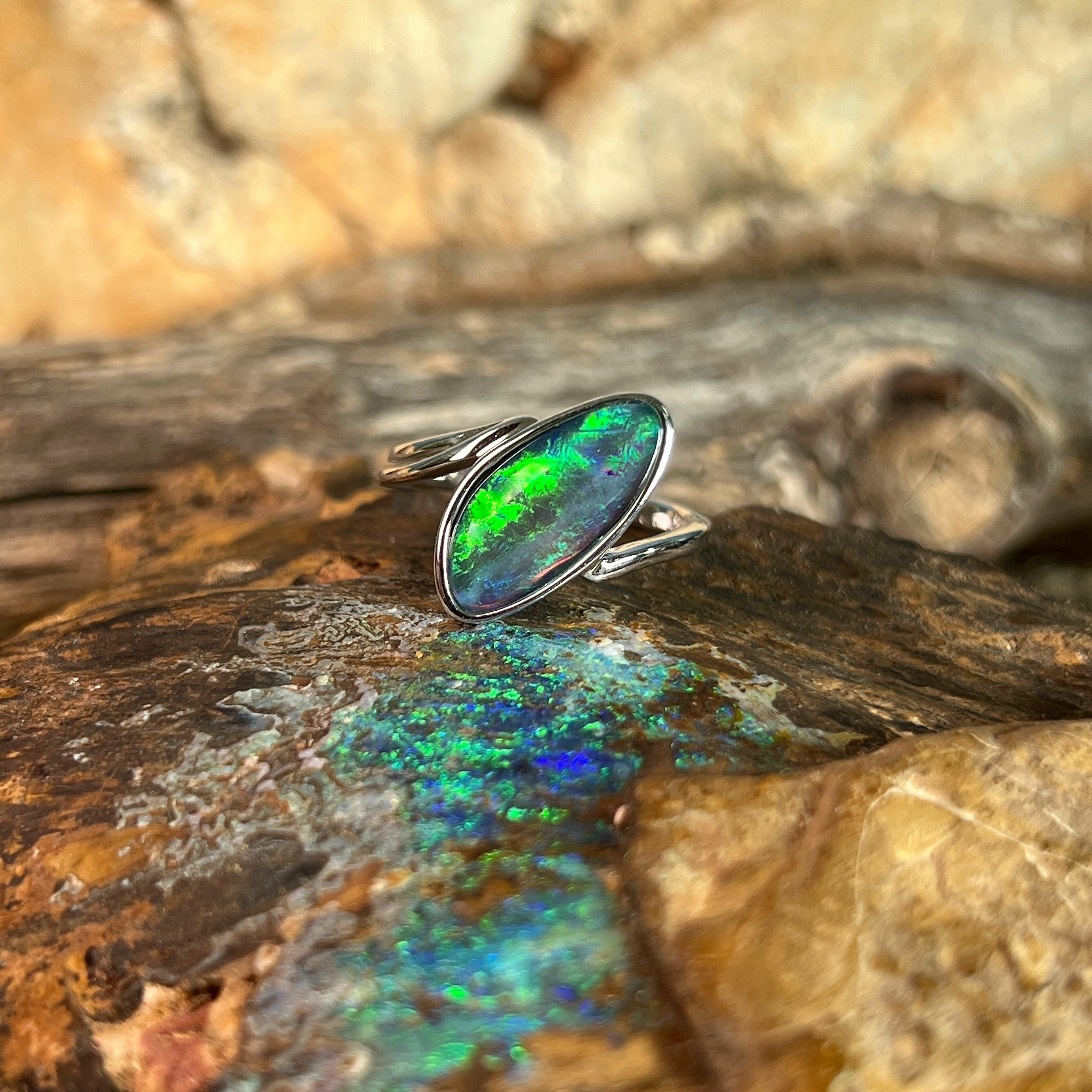 freeform Australian opal triplet ring in sterling silver, blue and green play-of-colour