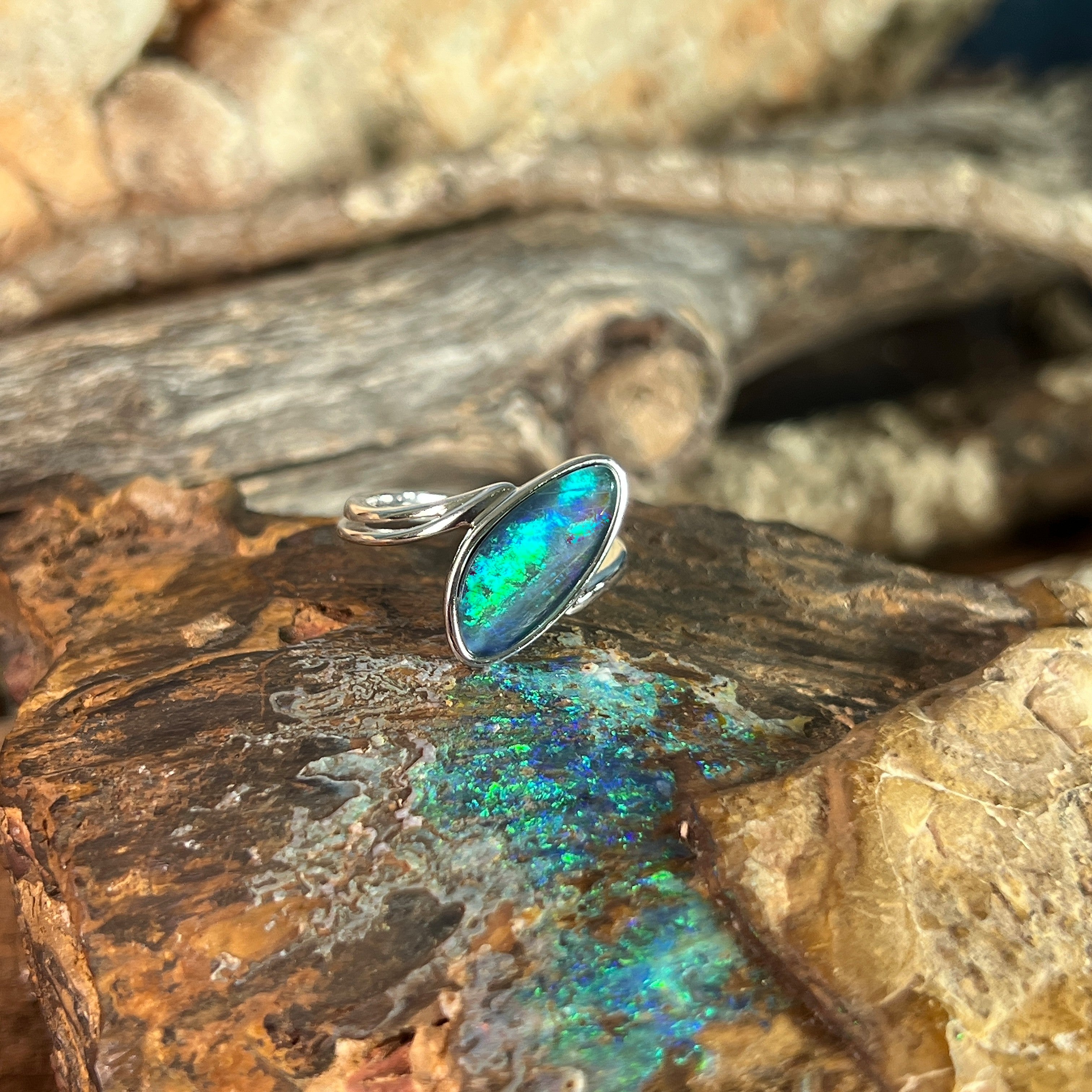 sterling silver Australian opal triplet ring with a 16 x 7mm freeform stone
