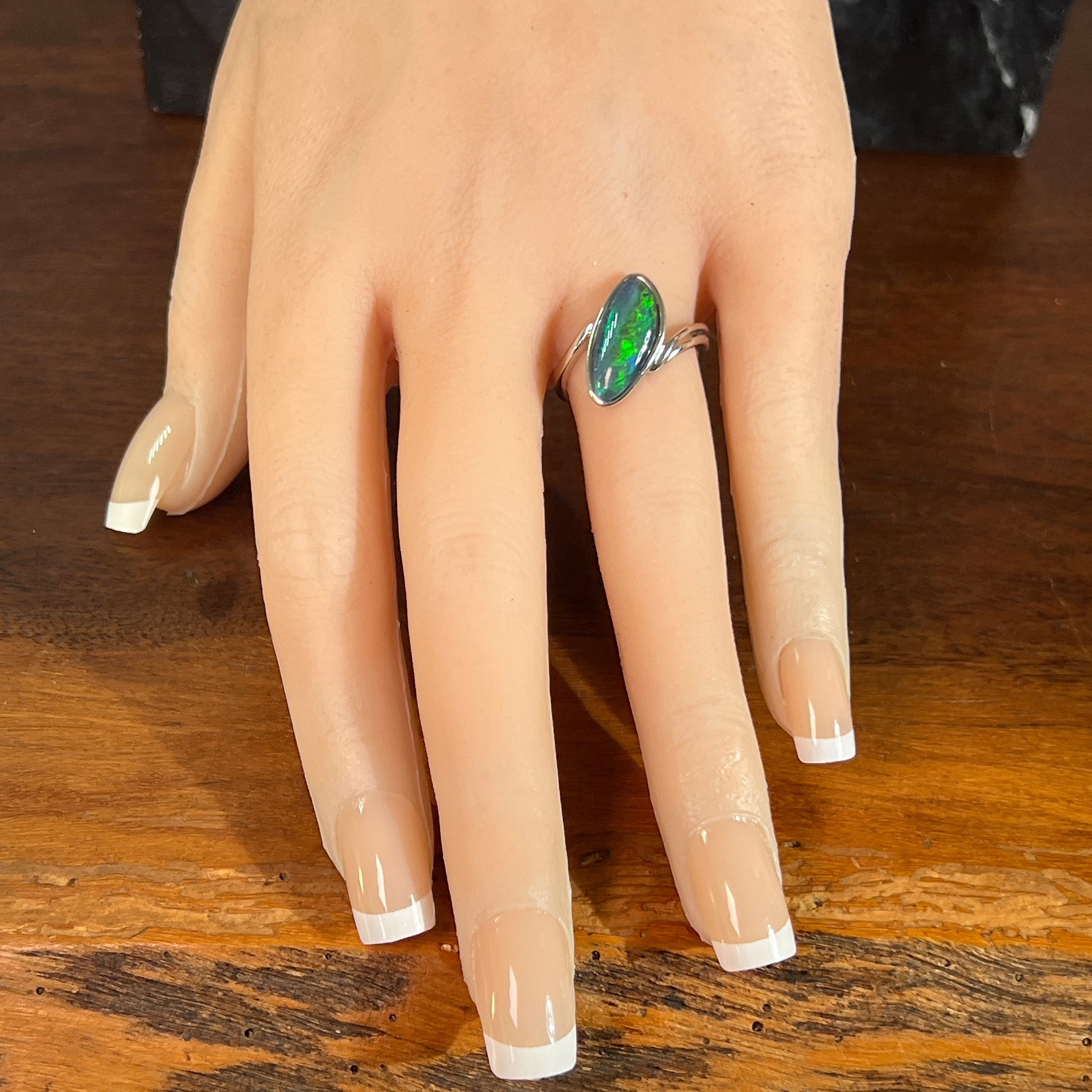 freeform Australian opal triplet ring in sterling silver, worn on the hand