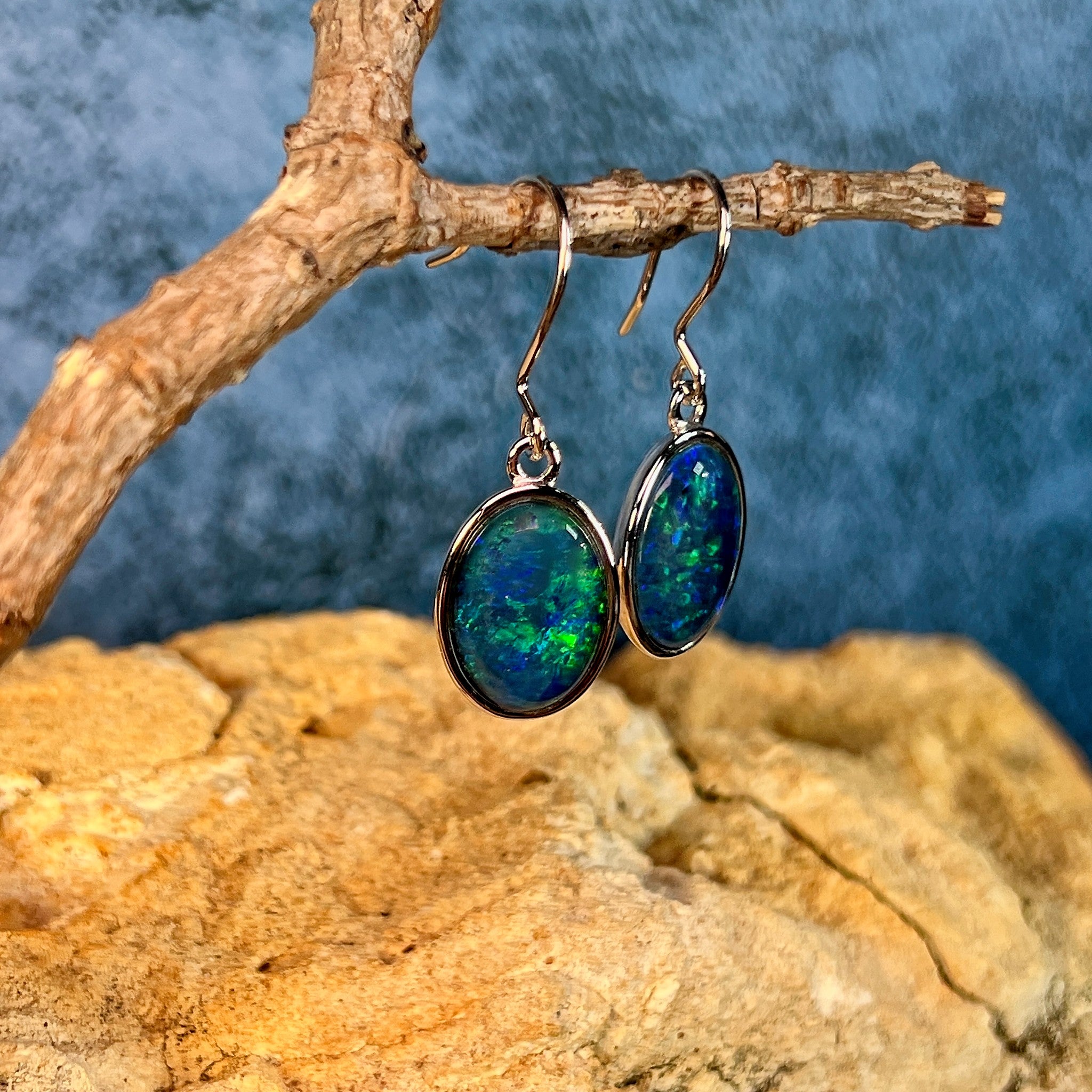 sterling silver Australian opal triplet earrings with 14 x 11mm oval stones